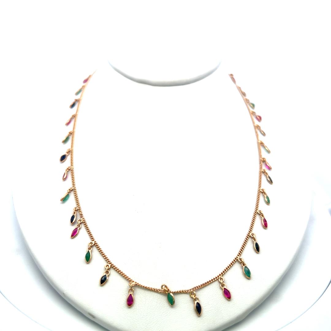 Vintage 14K Yellow Gold Station Necklace with Emerald Sapphire & Ruby Gemstones