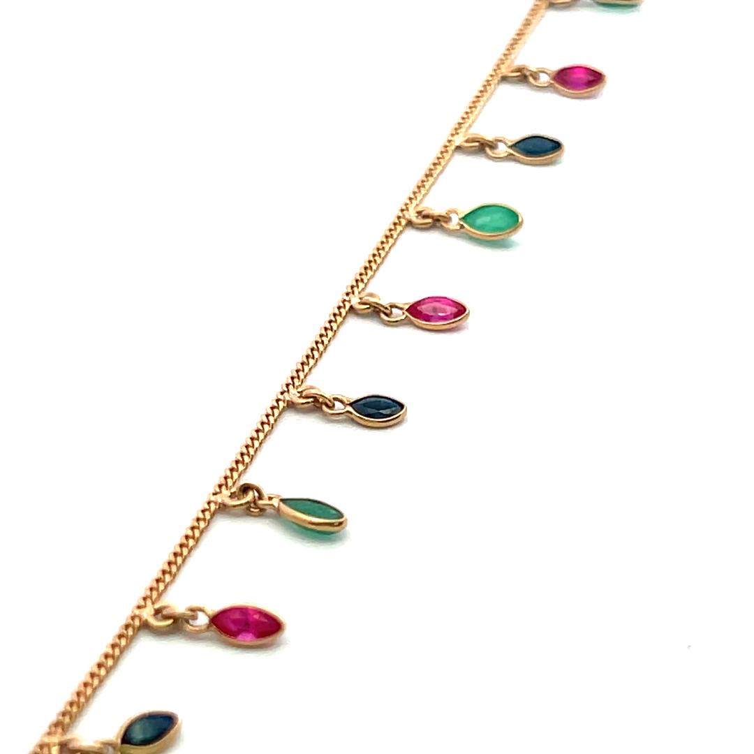 Vintage 14K Yellow Gold Station Necklace with Emerald Sapphire & Ruby Gemstones