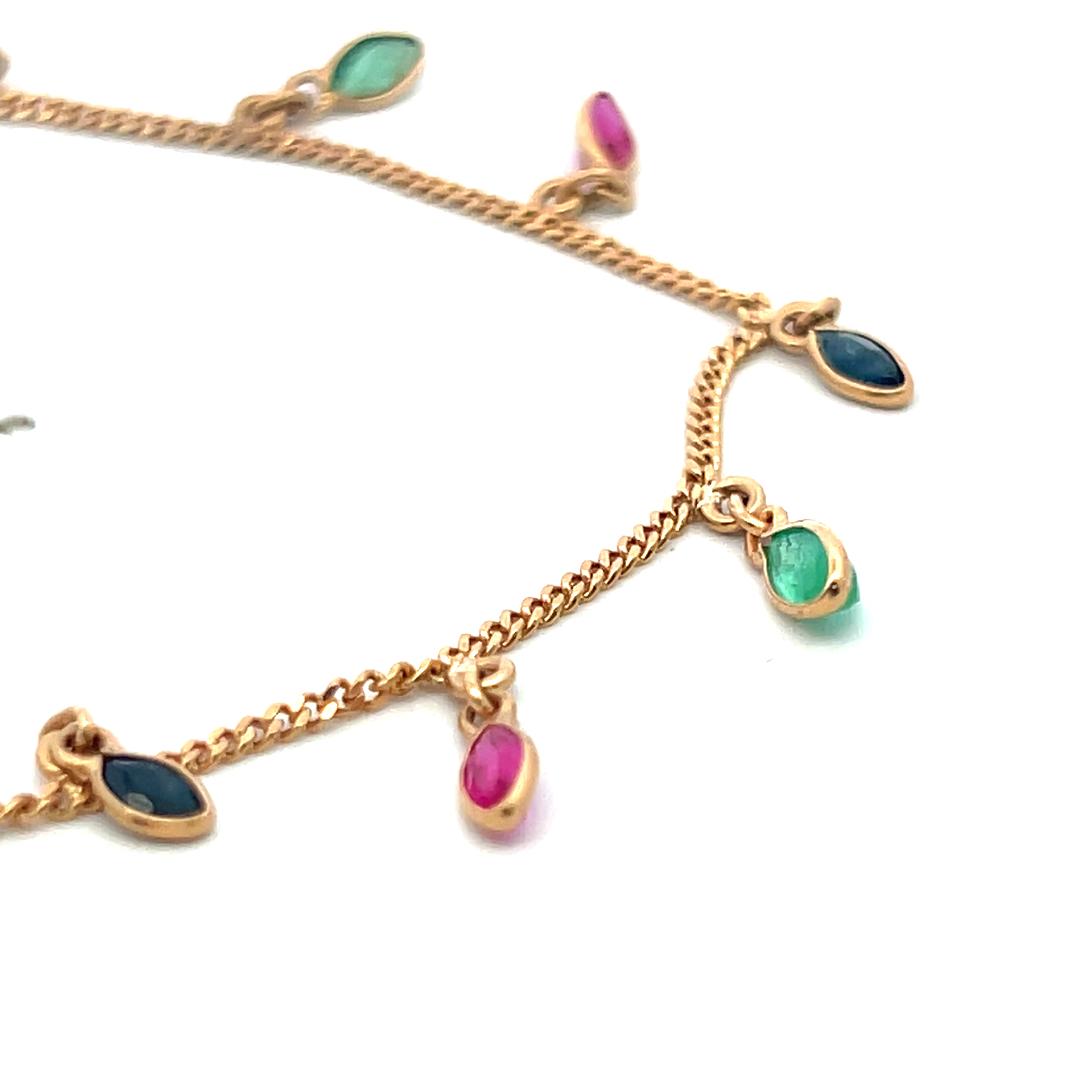 Vintage 14K Yellow Gold Station Necklace with Emerald Sapphire & Ruby Gemstones