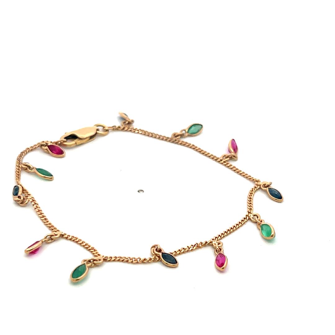 Vintage 14K Yellow Gold Station Necklace with Emerald Sapphire & Ruby Gemstones
