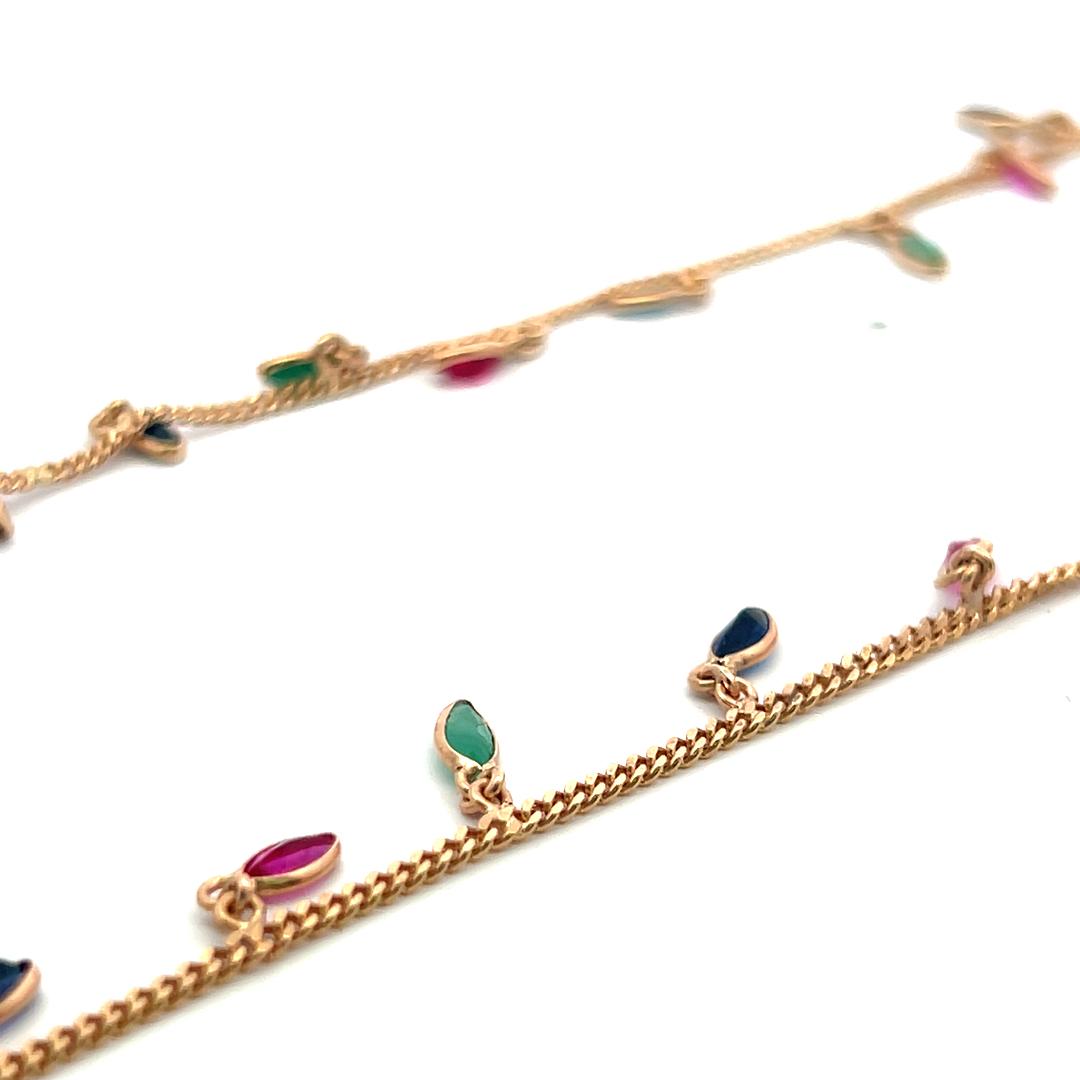 Vintage 14K Yellow Gold Station Necklace with Emerald Sapphire & Ruby Gemstones