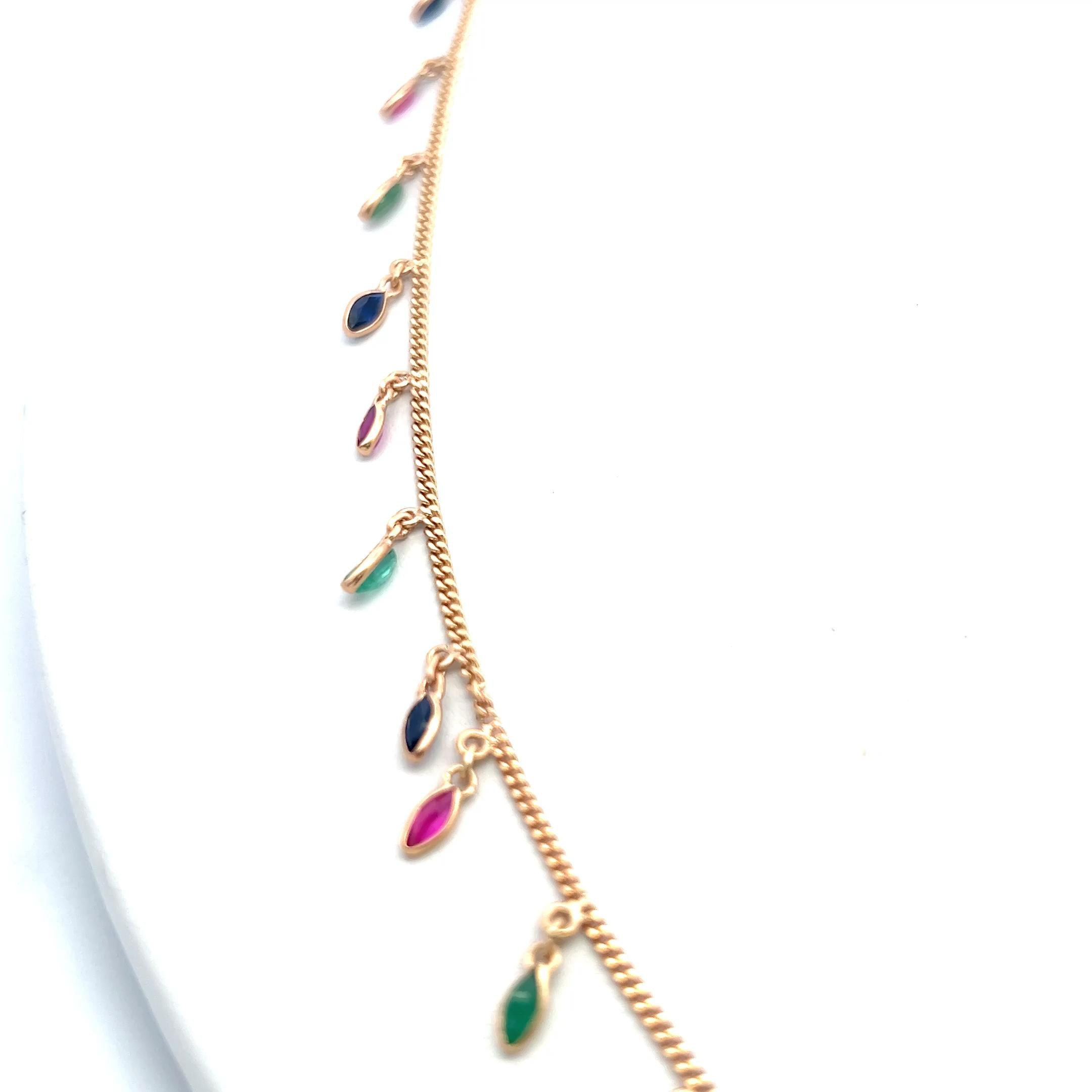 Vintage 14K Yellow Gold Station Necklace with Emerald Sapphire & Ruby Gemstones