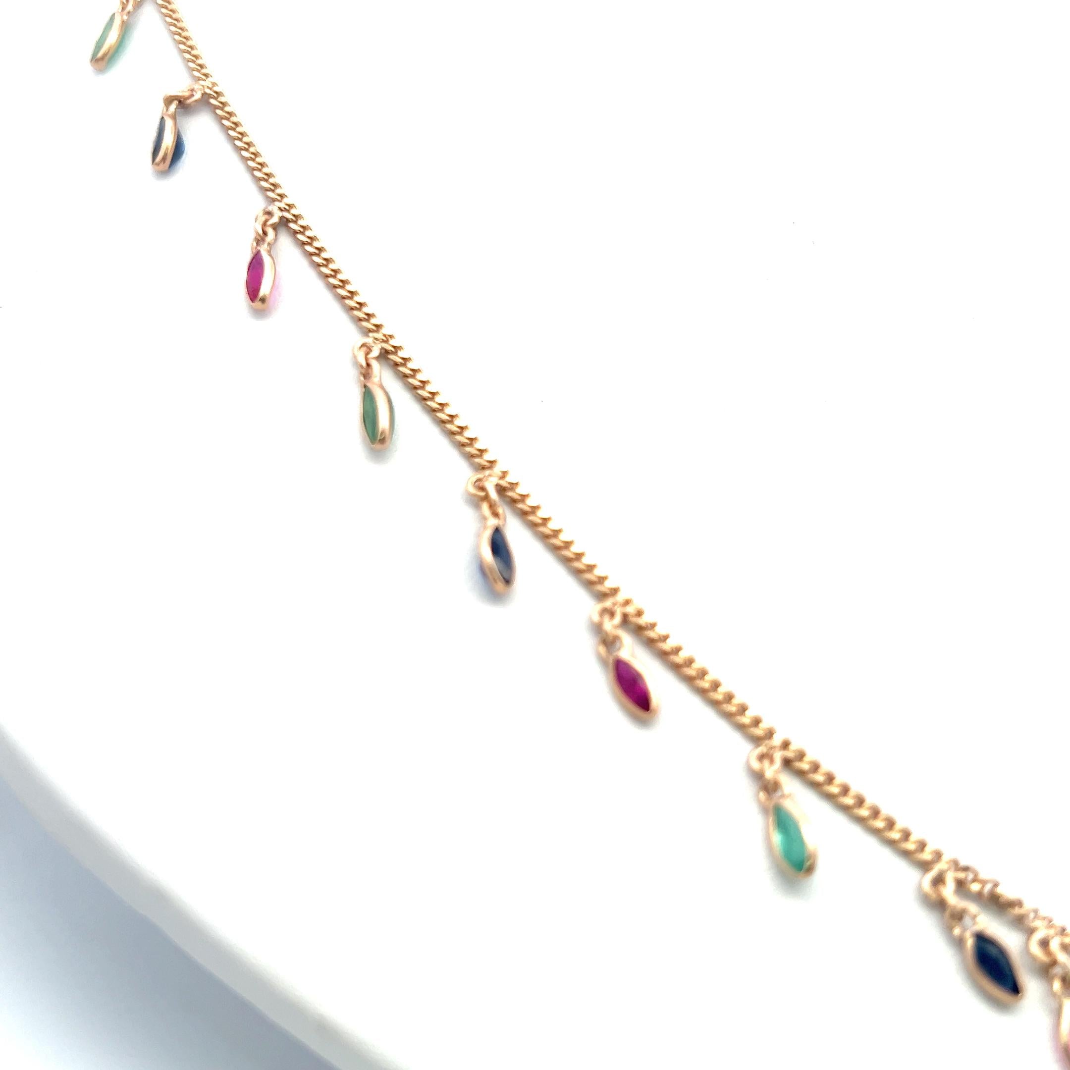 Vintage 14K Yellow Gold Station Necklace with Emerald Sapphire & Ruby Gemstones