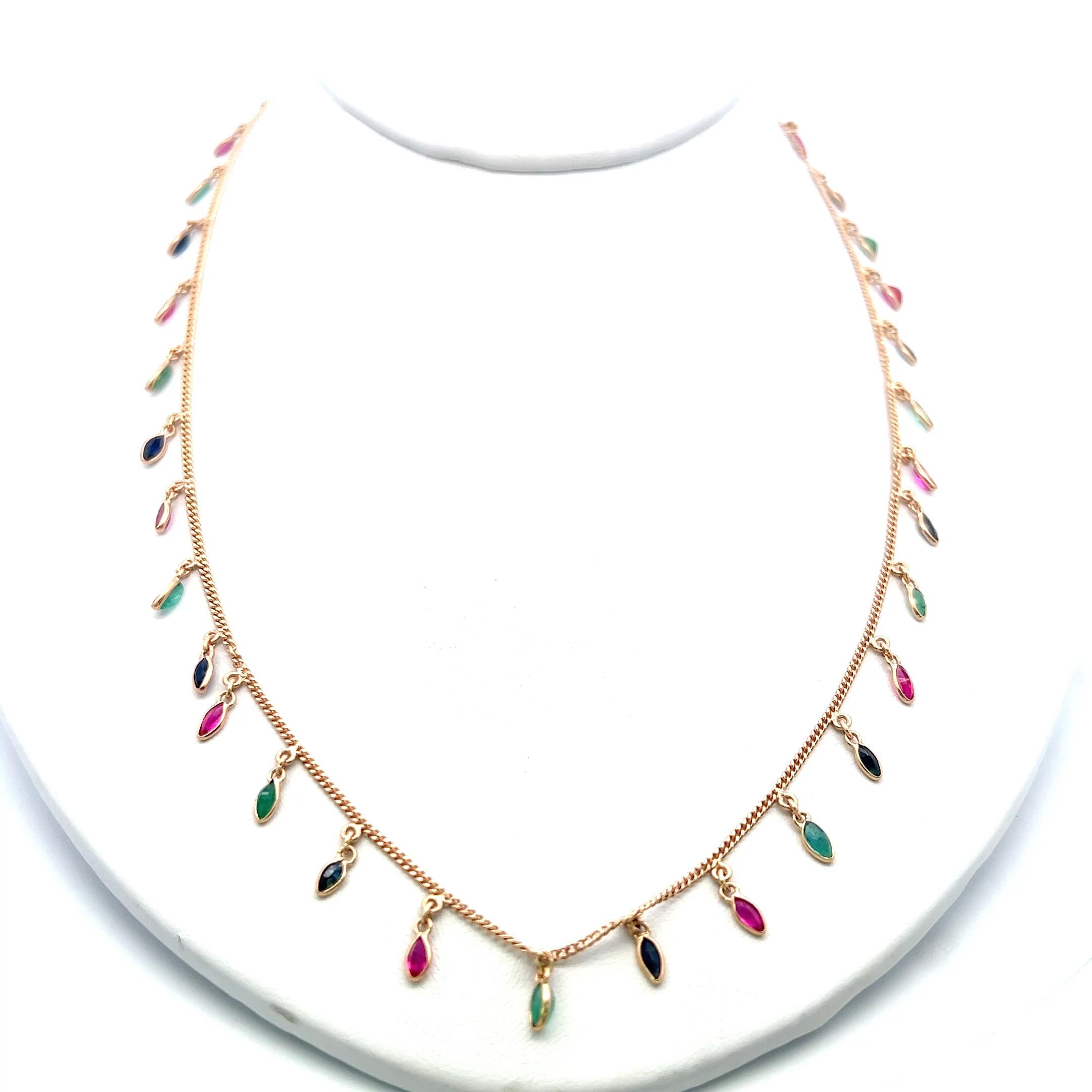 Vintage 14K Yellow Gold Station Necklace with Emerald Sapphire & Ruby Gemstones