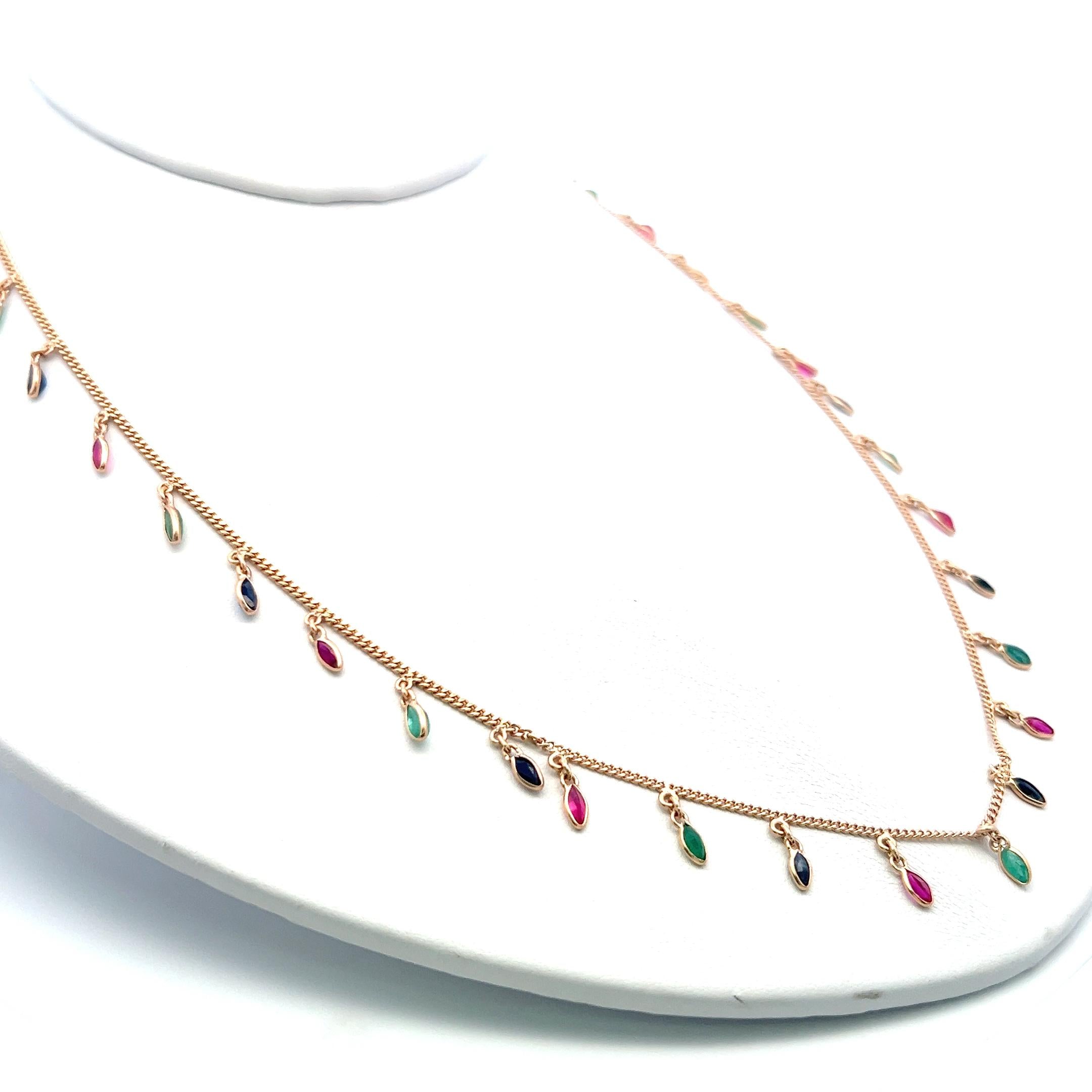 Vintage 14K Yellow Gold Station Necklace with Emerald Sapphire & Ruby Gemstones