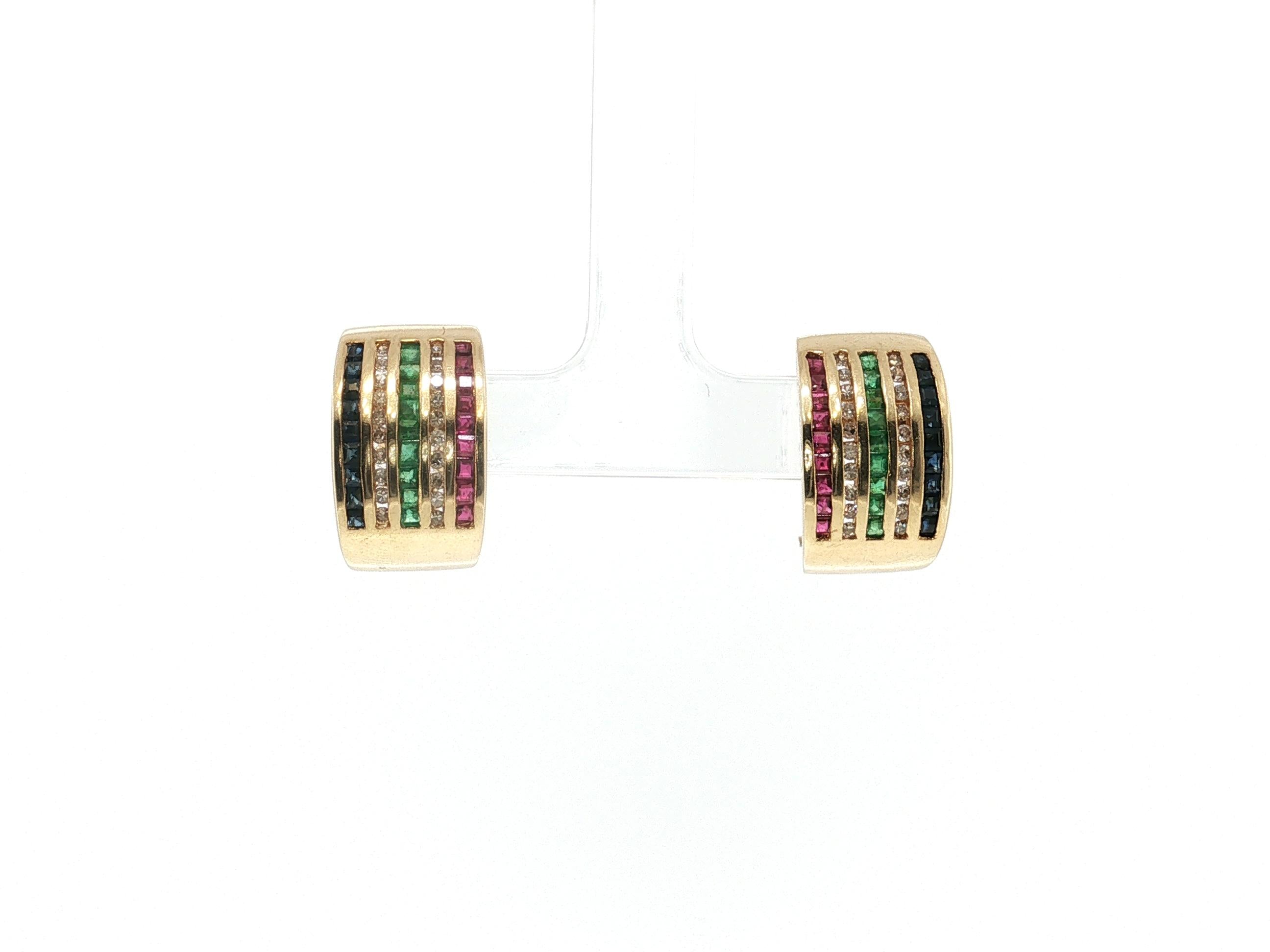 14K YG Clip-On Earrings with 0.4ct Round Diamonds 0.2ct Ruby and Emerald