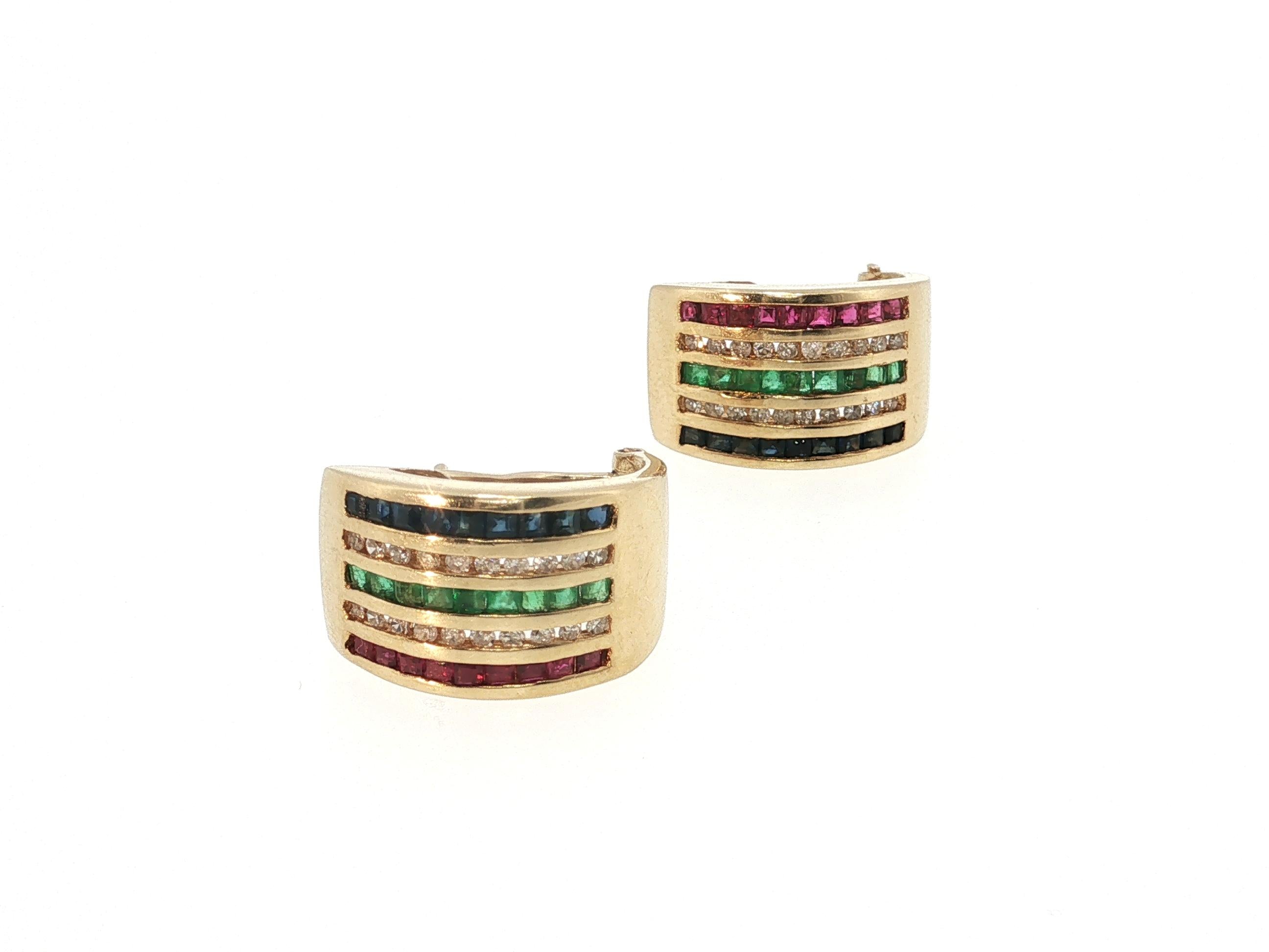 14K YG Clip-On Earrings with 0.4ct Round Diamonds 0.2ct Ruby and Emerald