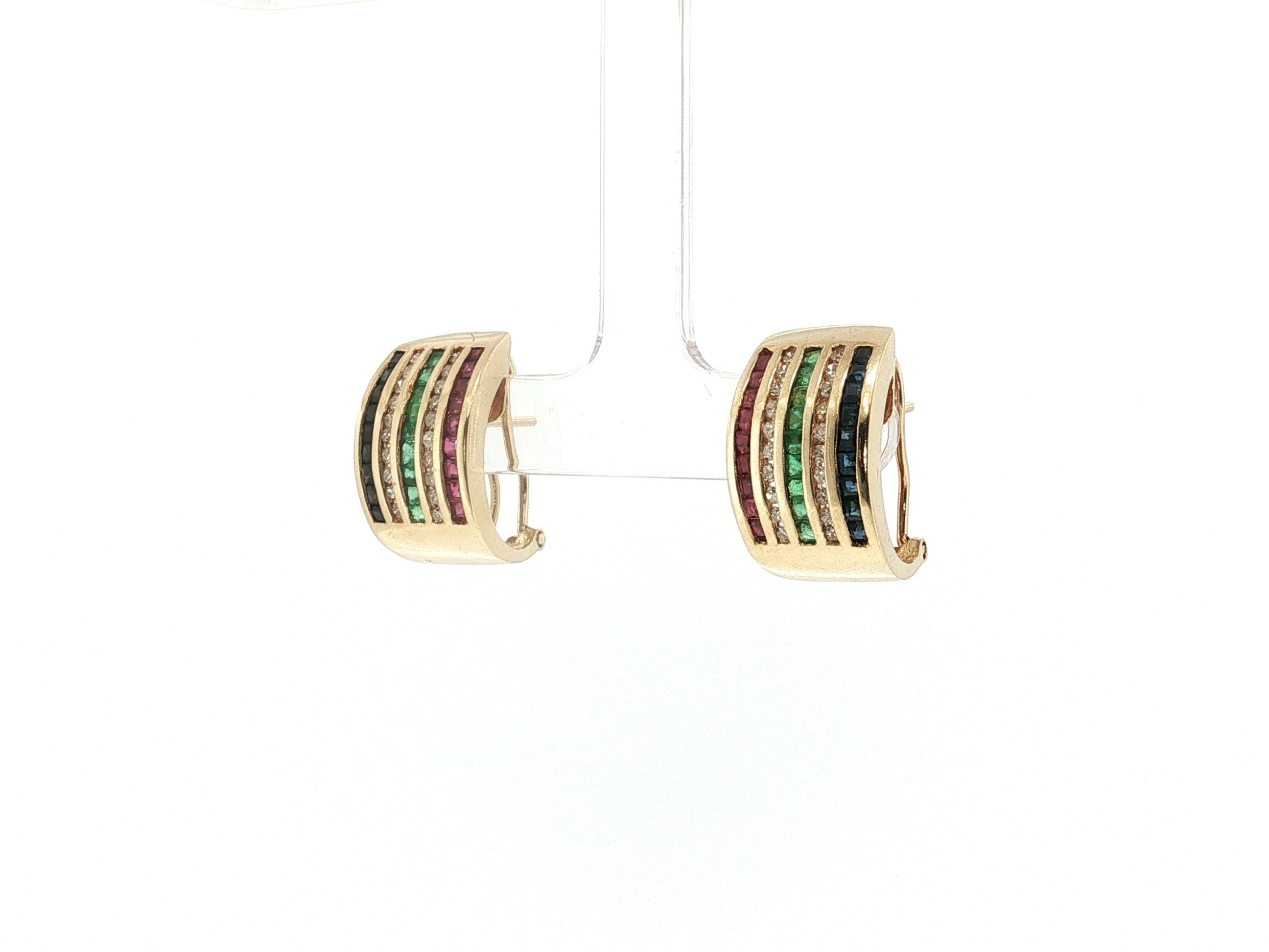 14K YG Clip-On Earrings with 0.4ct Round Diamonds 0.2ct Ruby and Emerald