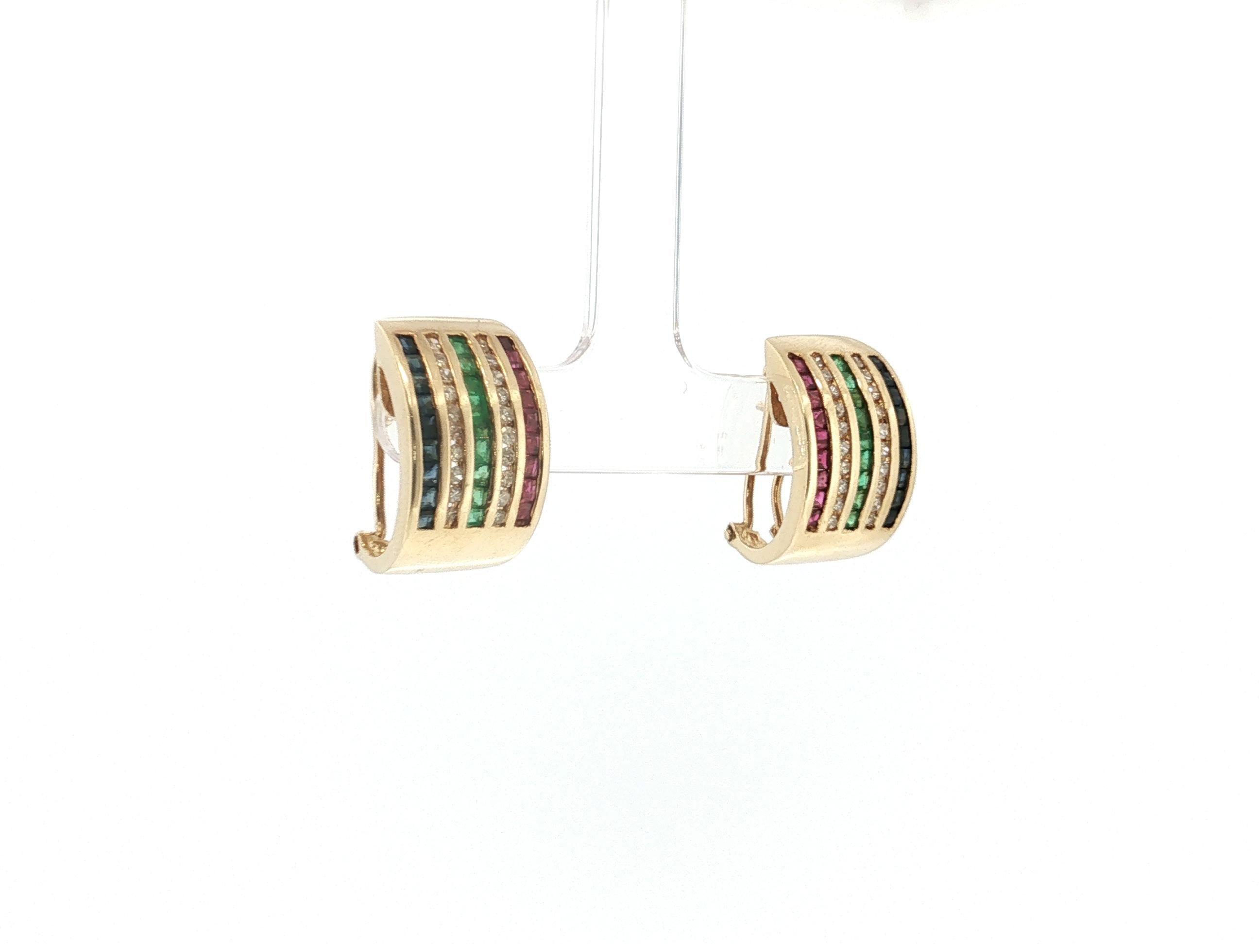 14K YG Clip-On Earrings with 0.4ct Round Diamonds 0.2ct Ruby and Emerald
