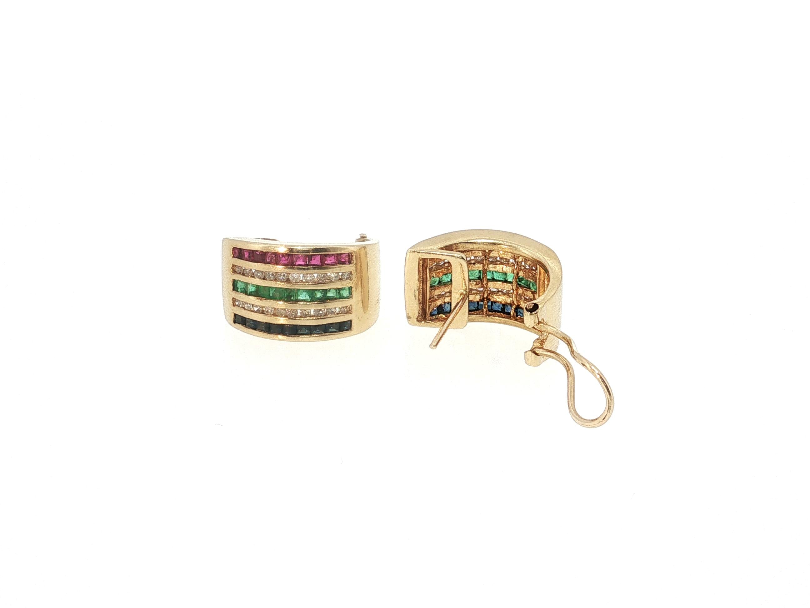 14K YG Clip-On Earrings with 0.4ct Round Diamonds 0.2ct Ruby and Emerald