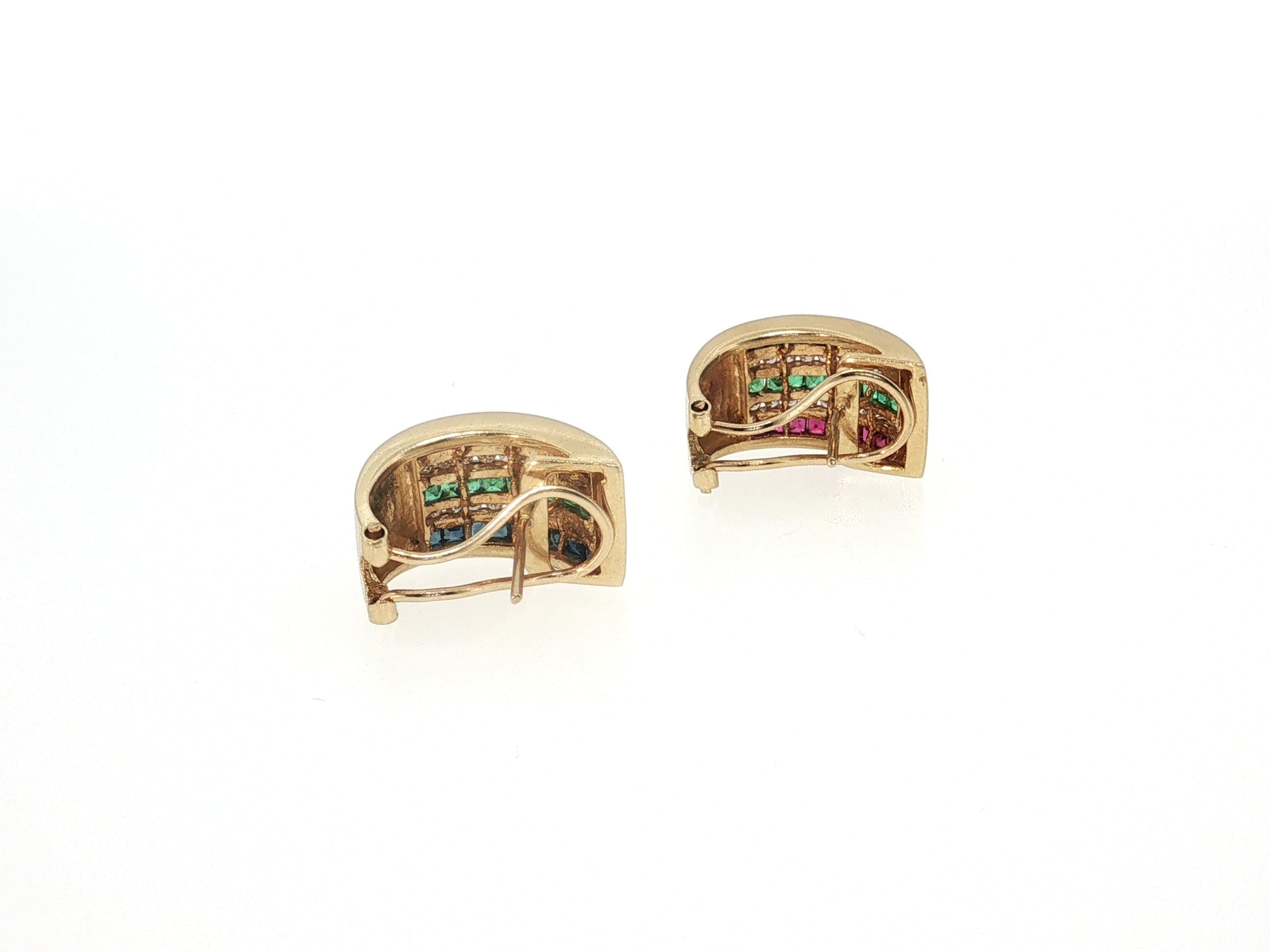 14K YG Clip-On Earrings with 0.4ct Round Diamonds 0.2ct Ruby and Emerald