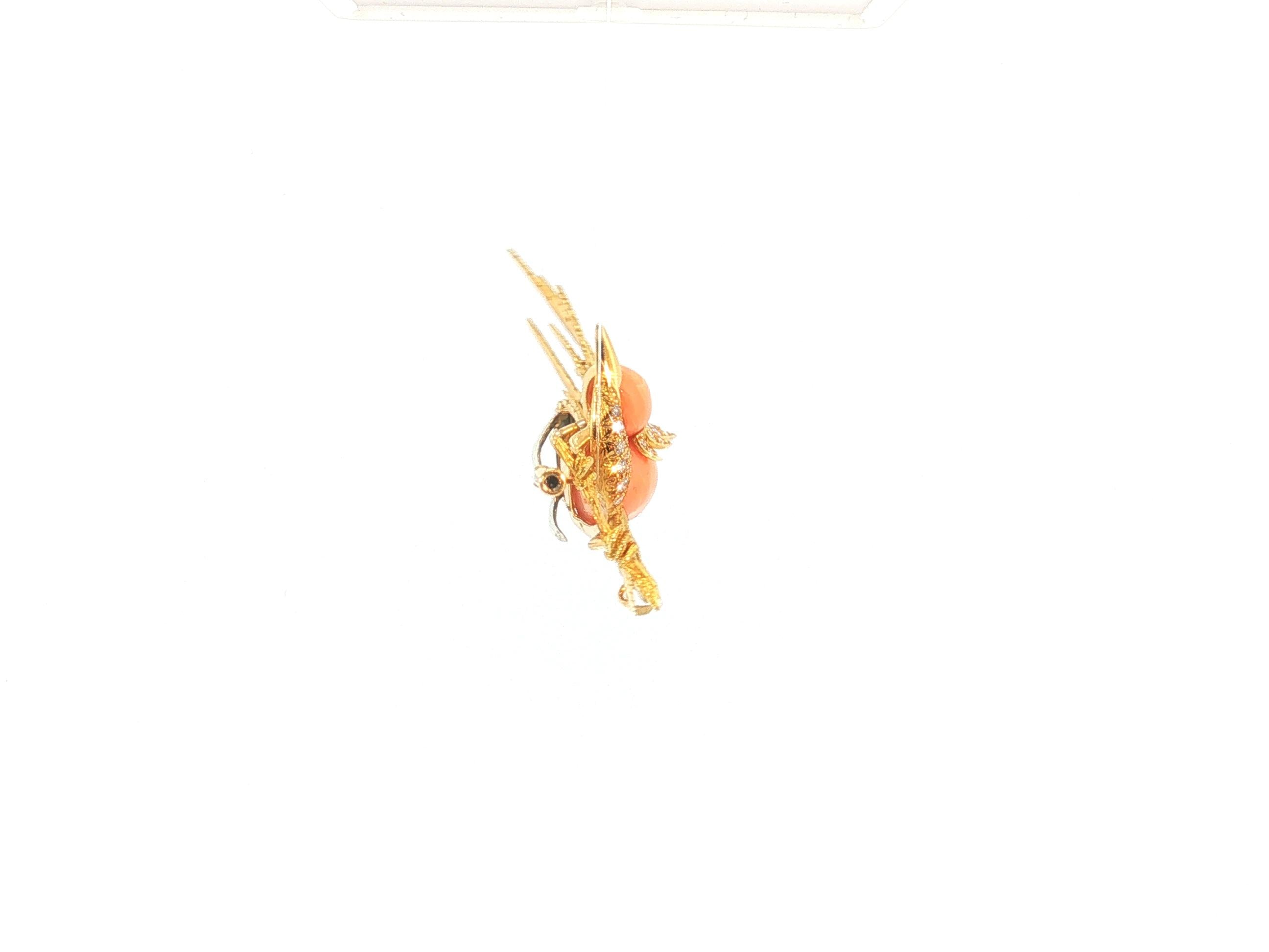 18K Yellow Gold Bird Pin Brooch 0.6ct Round H VS Diamonds 22.61x10.95mm Coral