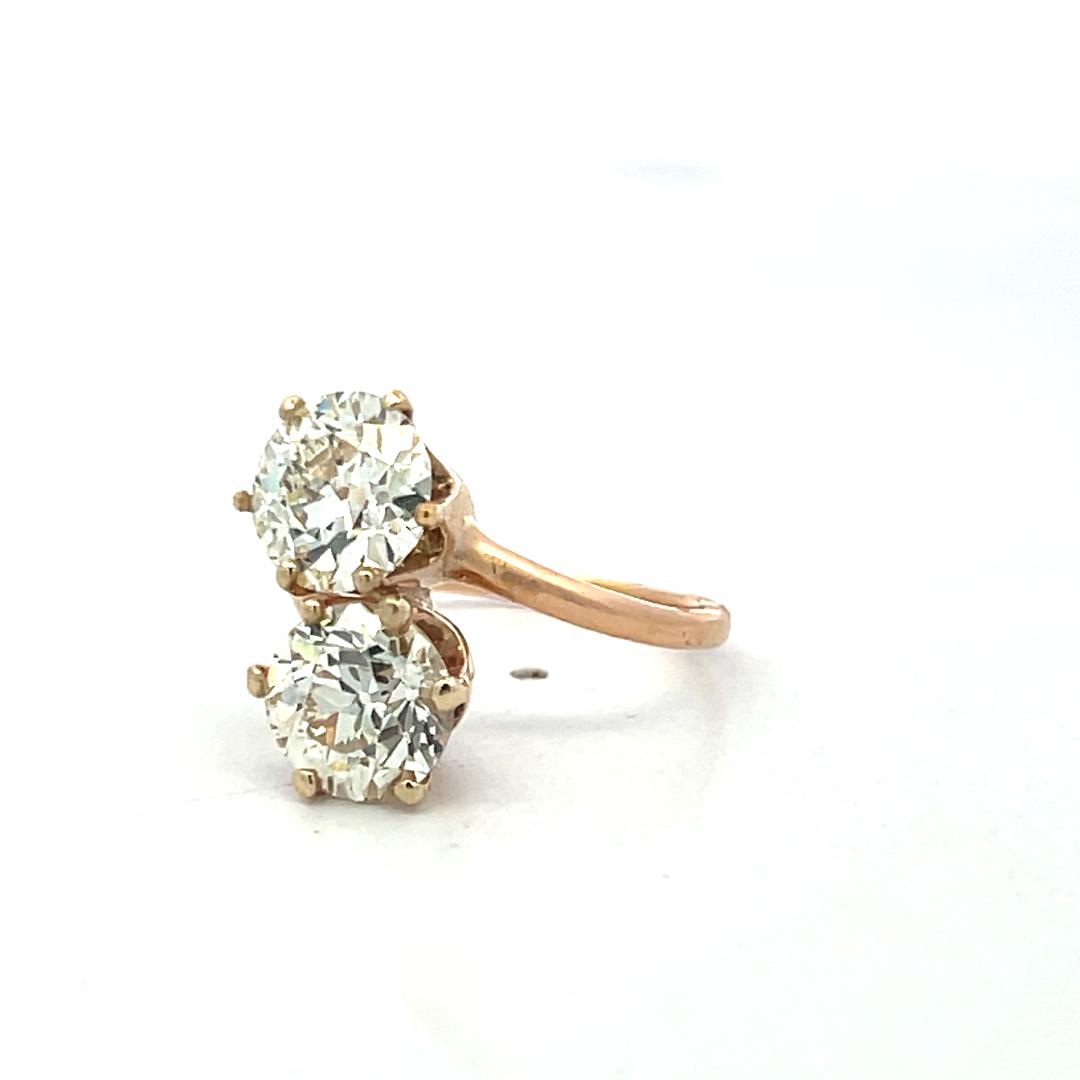 14K YG Two-Stone Ring 3.52ct Old European Diamonds Size 5.5 N SI2/VS2 GIA