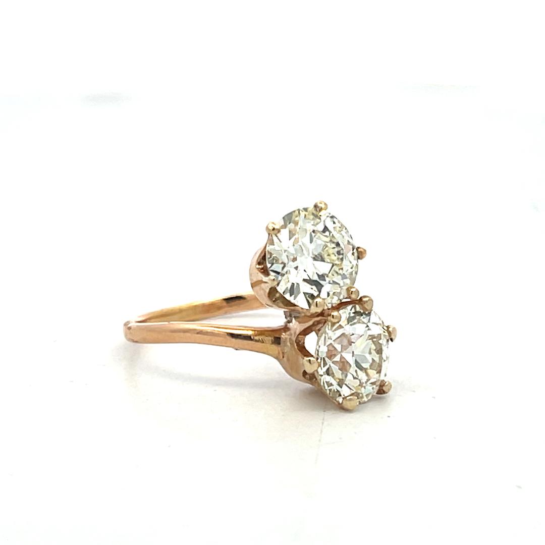 14K YG Two-Stone Ring 3.52ct Old European Diamonds Size 5.5 N SI2/VS2 GIA