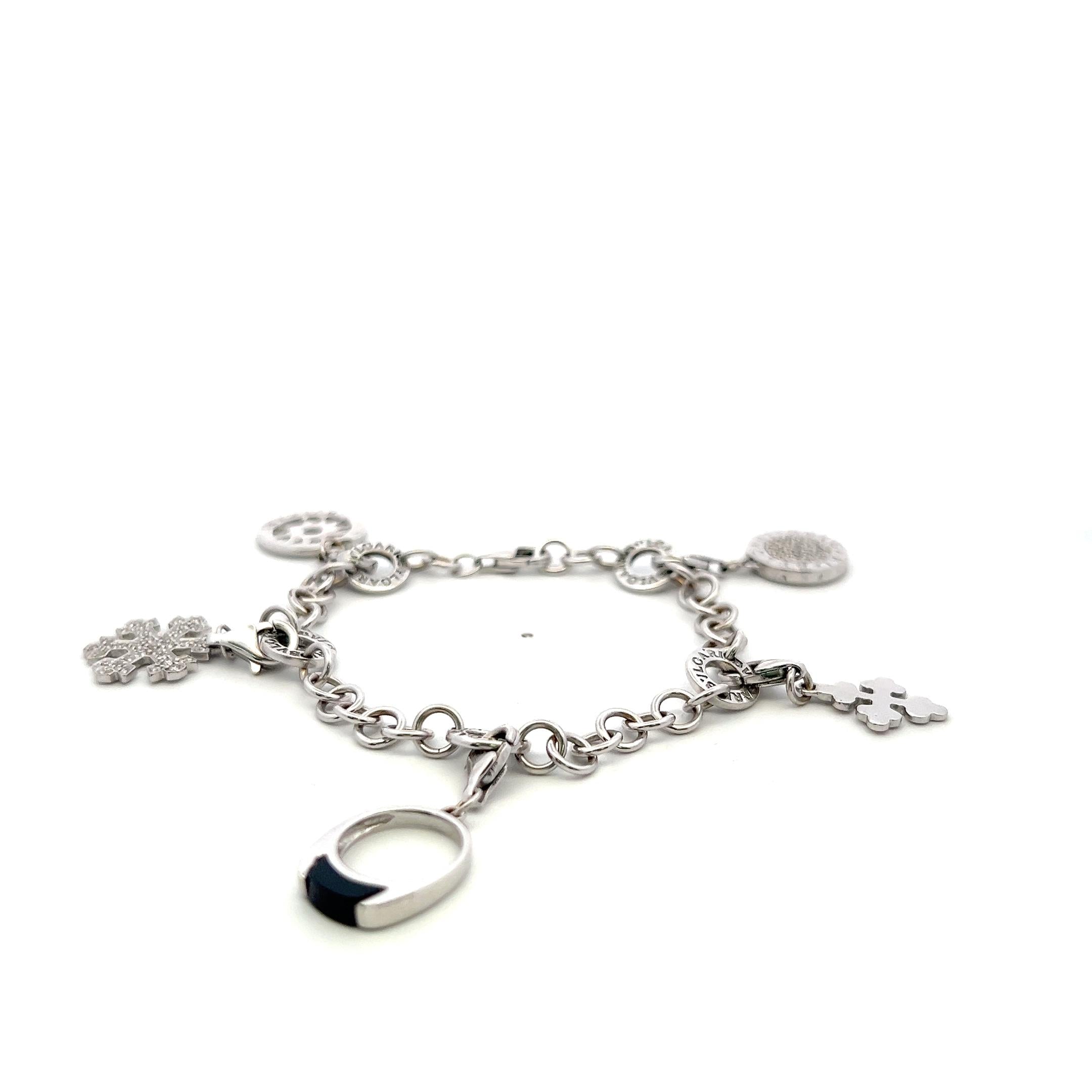 Bvlgari 18K White Gold Charm Bracelet with 0.57 Carat Round H SI Diamonds & Onyx
