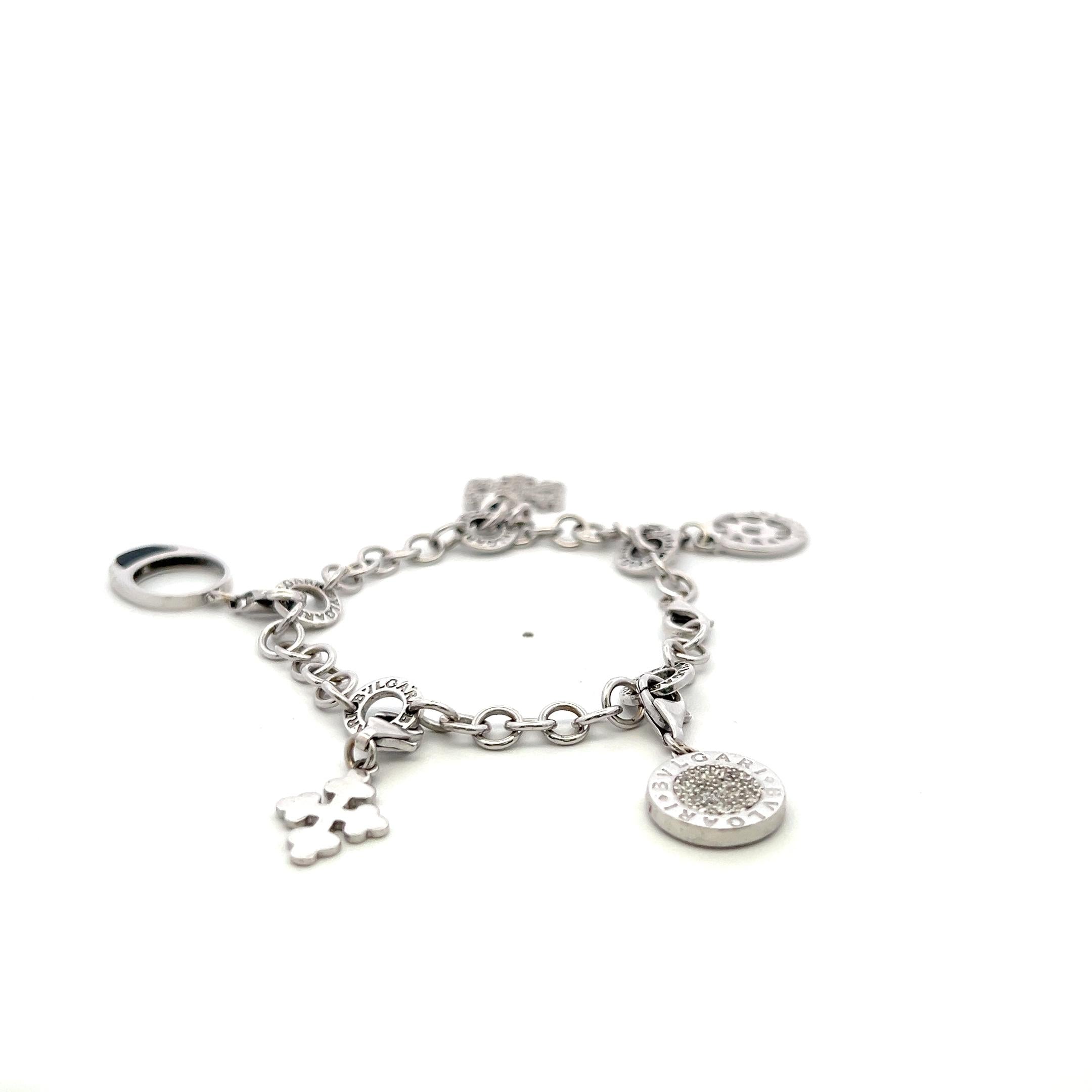 Bvlgari 18K White Gold Charm Bracelet with 0.57 Carat Round H SI Diamonds & Onyx