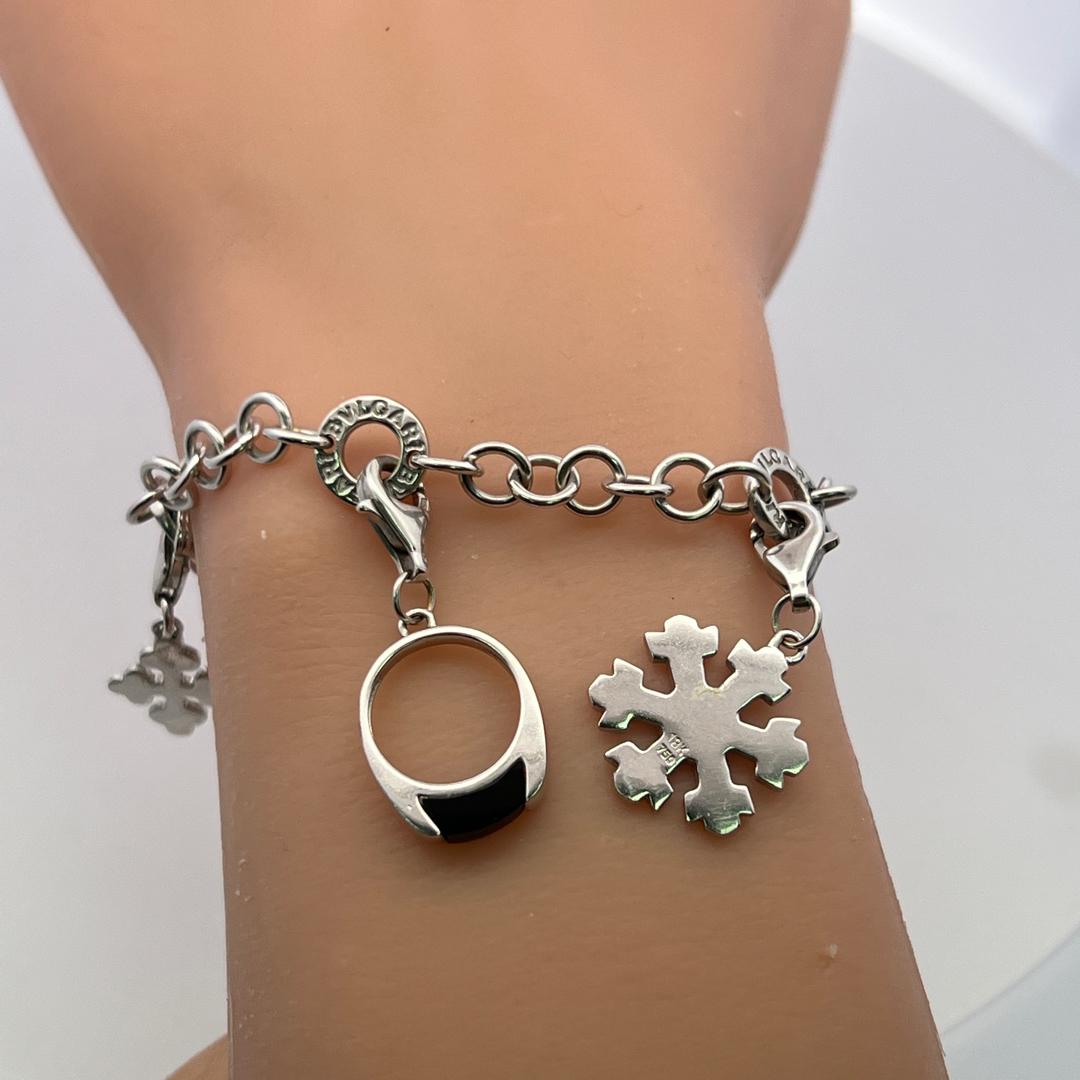 Bvlgari 18K White Gold Charm Bracelet with 0.57 Carat Round H SI Diamonds & Onyx