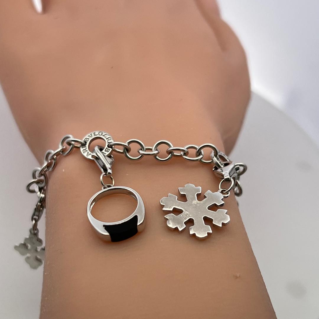 Bvlgari 18K White Gold Charm Bracelet with 0.57 Carat Round H SI Diamonds & Onyx