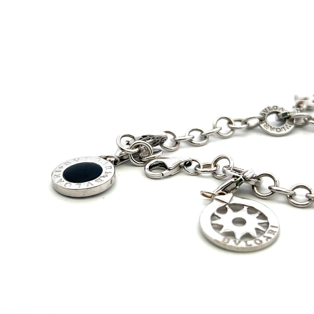 Bvlgari 18K White Gold Charm Bracelet with 0.57 Carat Round H SI Diamonds & Onyx