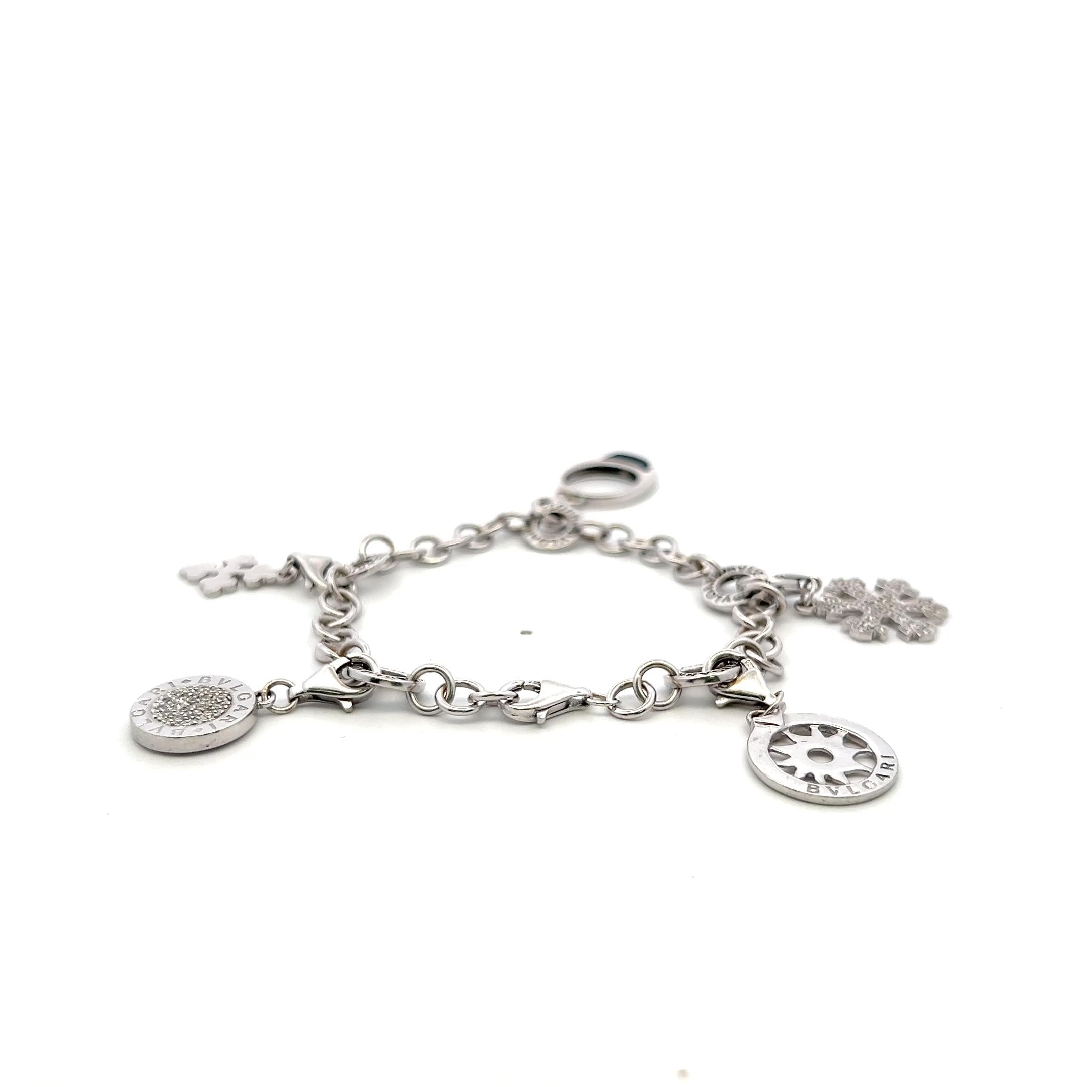 Bvlgari 18K White Gold Charm Bracelet with 0.57 Carat Round H SI Diamonds & Onyx