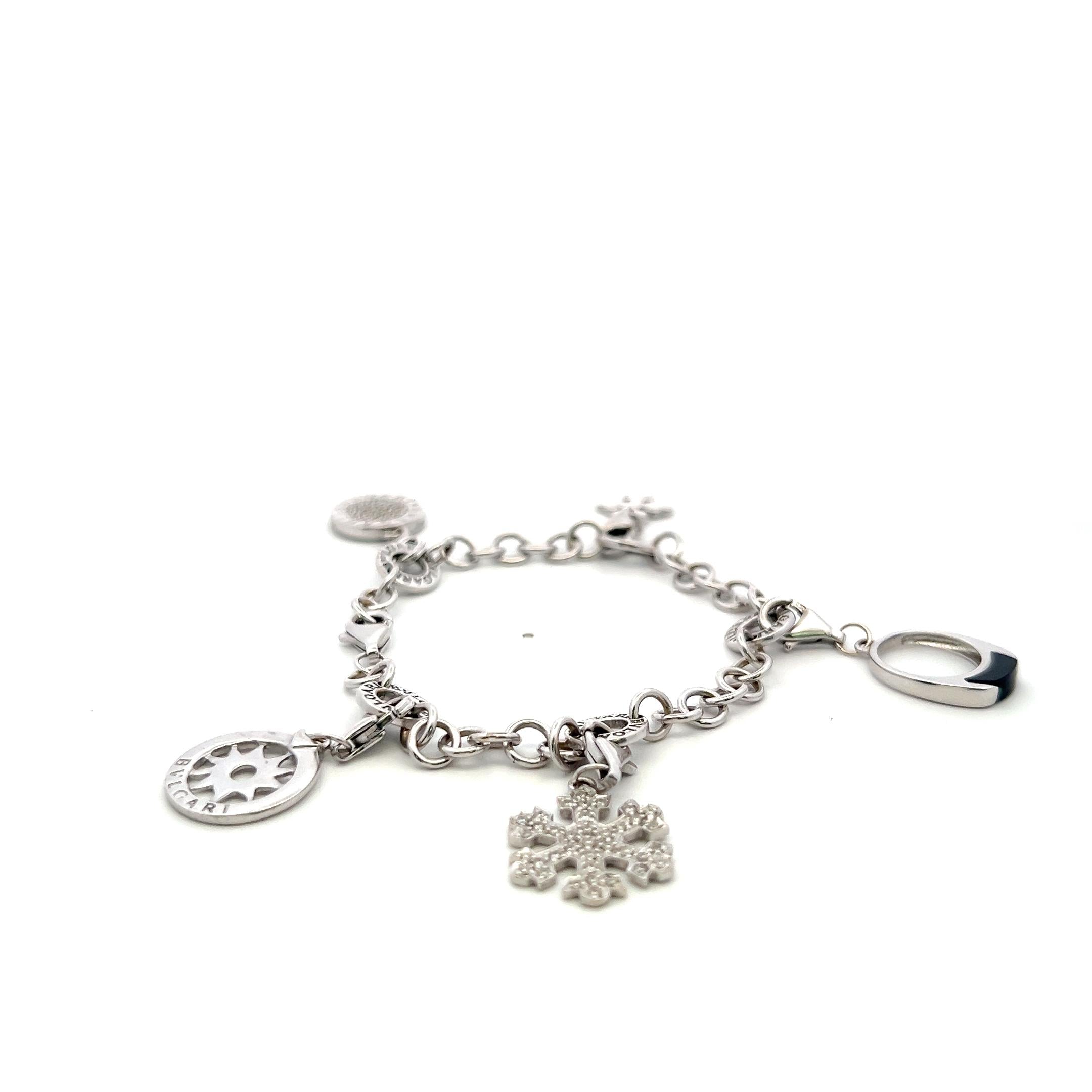 Bvlgari 18K White Gold Charm Bracelet with 0.57 Carat Round H SI Diamonds & Onyx