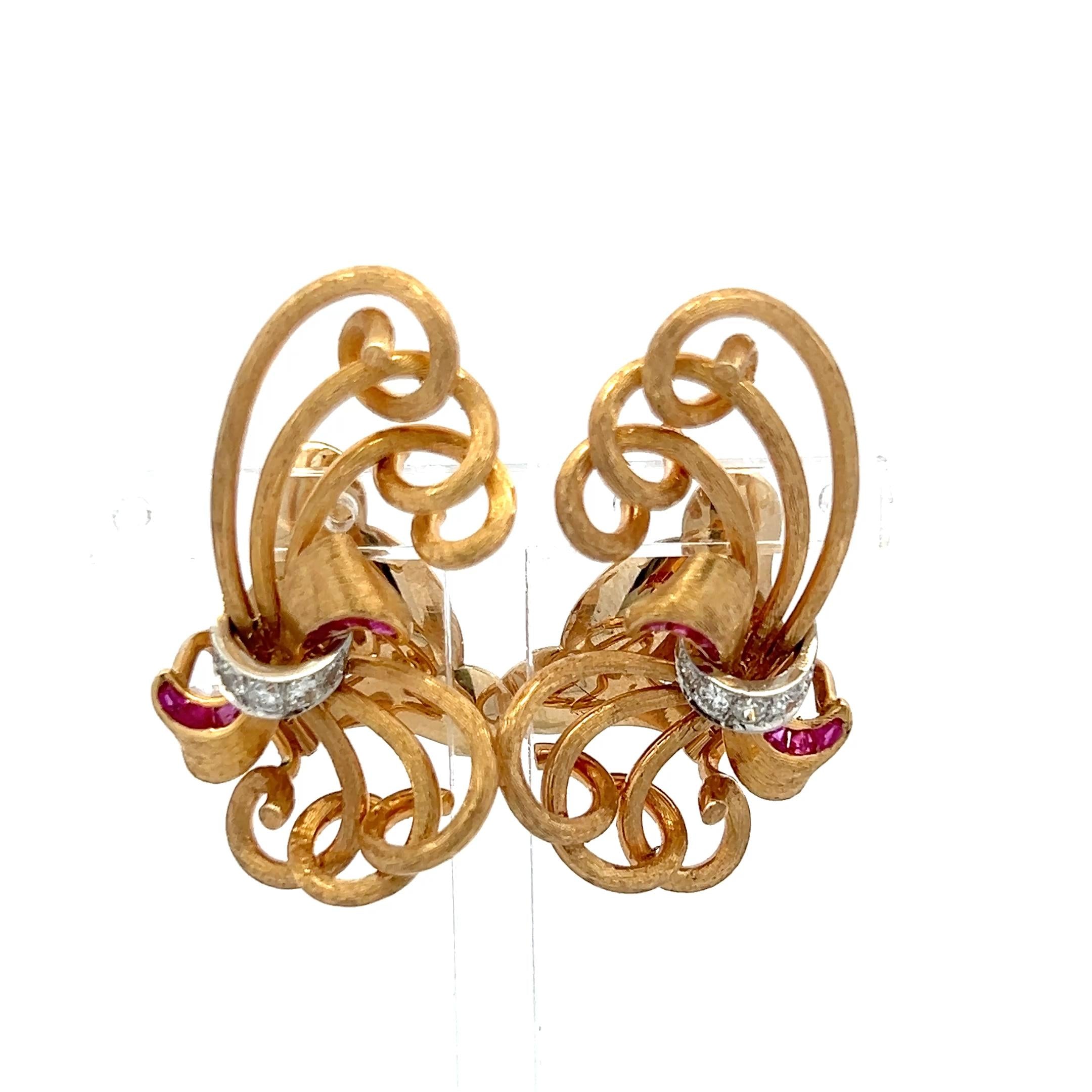 14K YG Clip-On Earrings with 0.3 Carat Round G VS Diamonds & 0.25 Carat Rubies