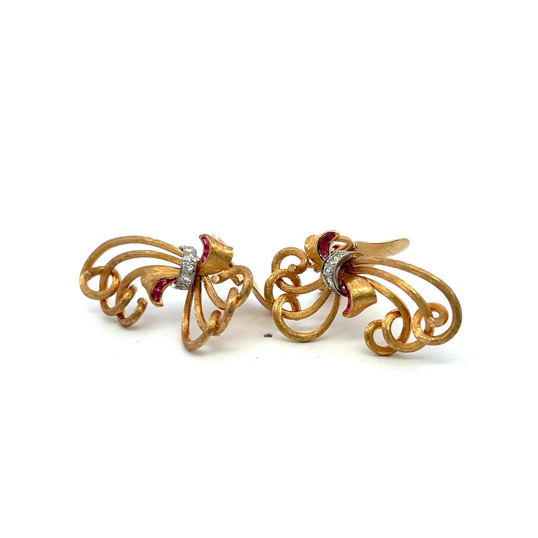 14K YG Clip-On Earrings with 0.3 Carat Round G VS Diamonds & 0.25 Carat Rubies
