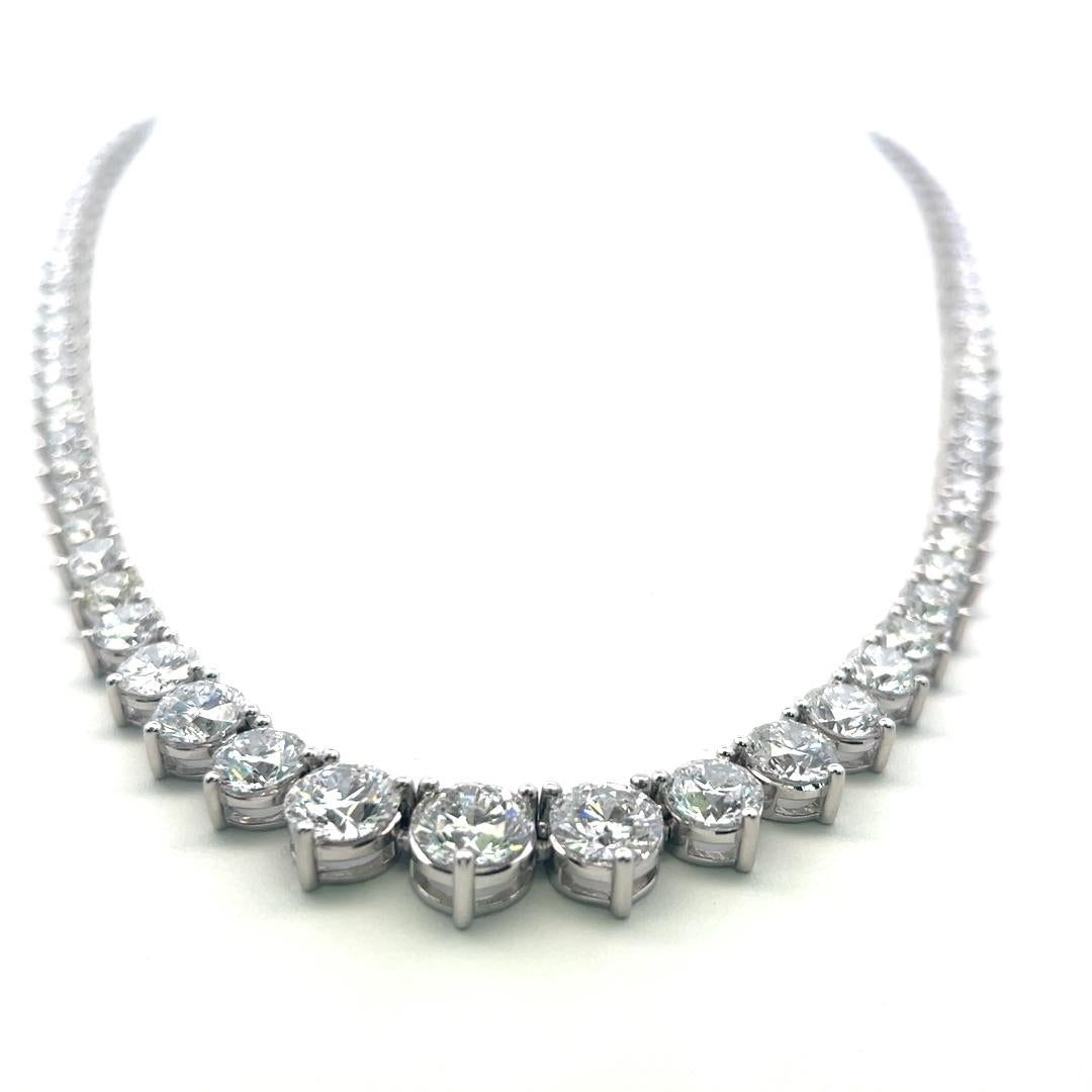 Vintage 18K White Gold Riviera Necklace with 31.68 Carat Round Diamonds GIA