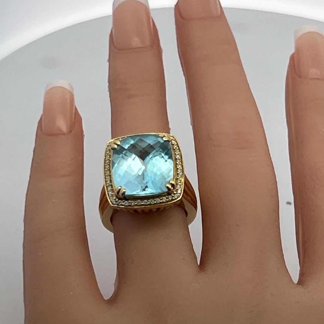 18K YG Cocktail Ring with 0.25ct Round Diamonds & 13.7x16.00mm Aquamarine Size 6