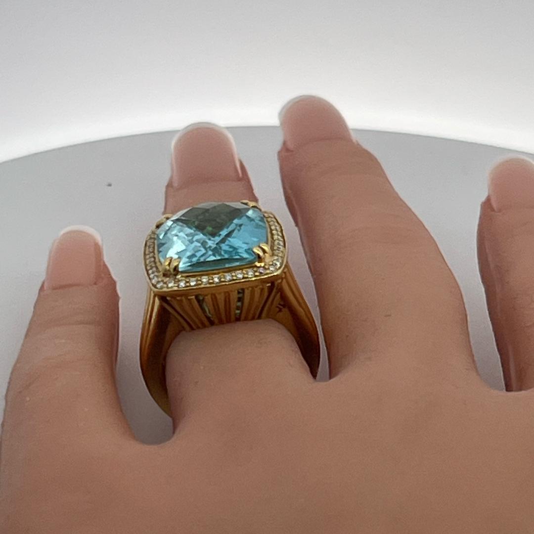 18K YG Cocktail Ring with 0.25ct Round Diamonds & 13.7x16.00mm Aquamarine Size 6
