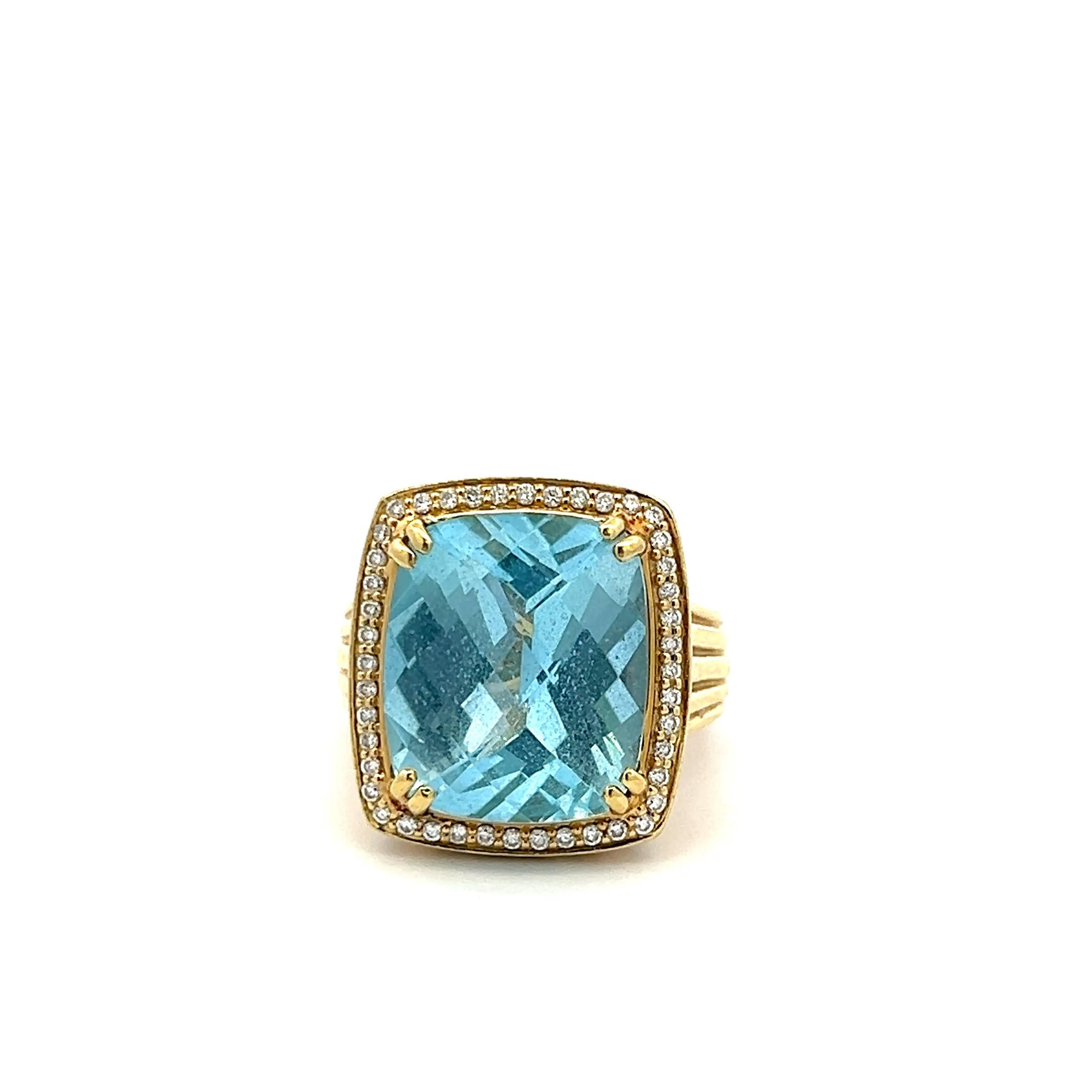18K YG Cocktail Ring with 0.25ct Round Diamonds & 13.7x16.00mm Aquamarine Size 6