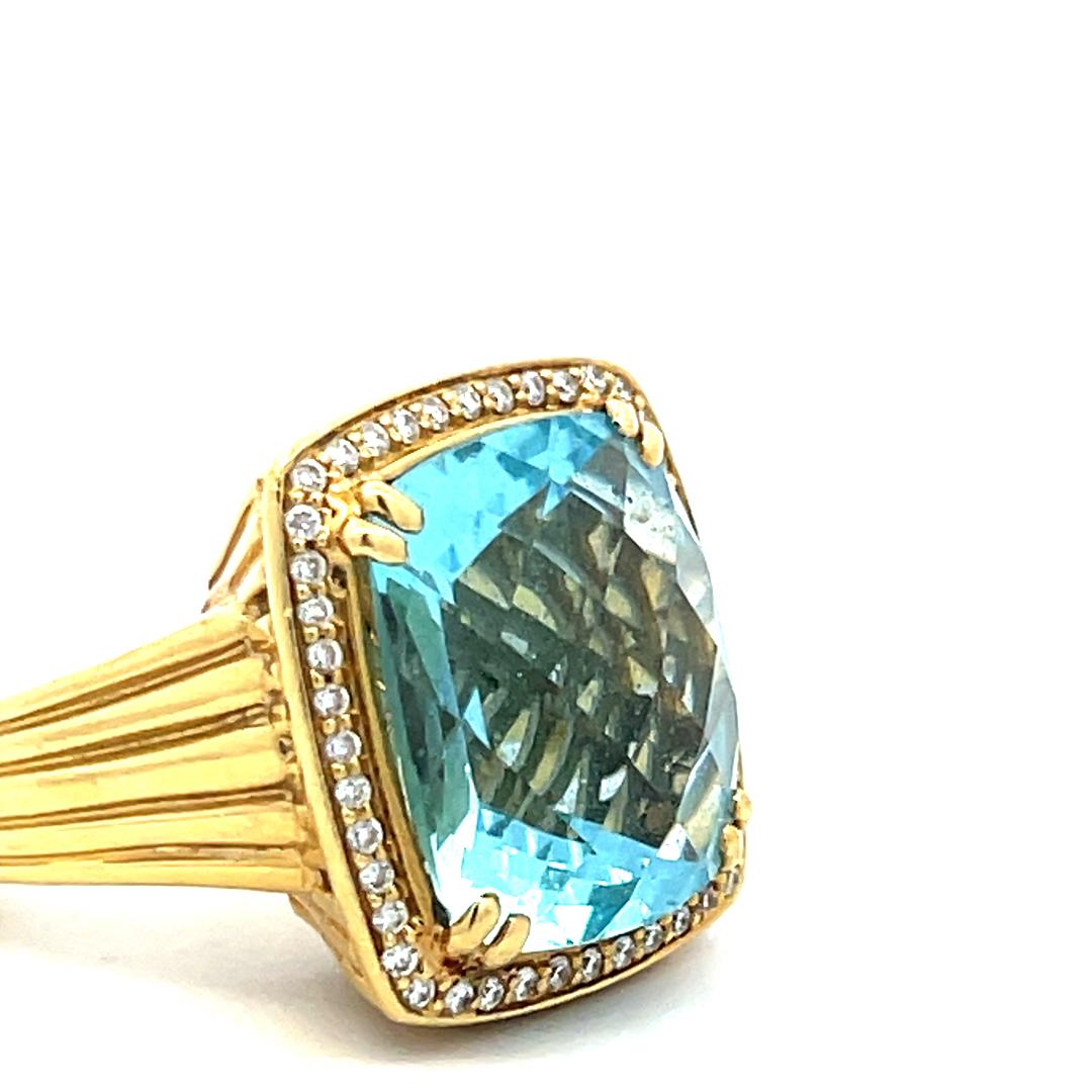 18K YG Cocktail Ring with 0.25ct Round Diamonds & 13.7x16.00mm Aquamarine Size 6