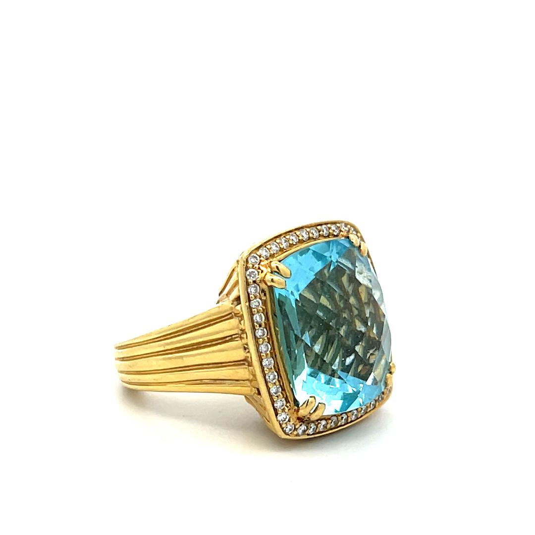 18K YG Cocktail Ring with 0.25ct Round Diamonds & 13.7x16.00mm Aquamarine Size 6