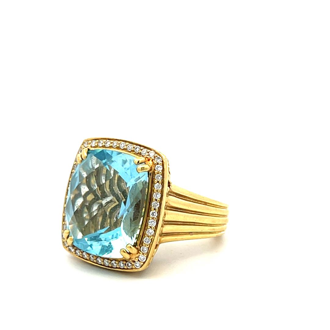 18K YG Cocktail Ring with 0.25ct Round Diamonds & 13.7x16.00mm Aquamarine Size 6