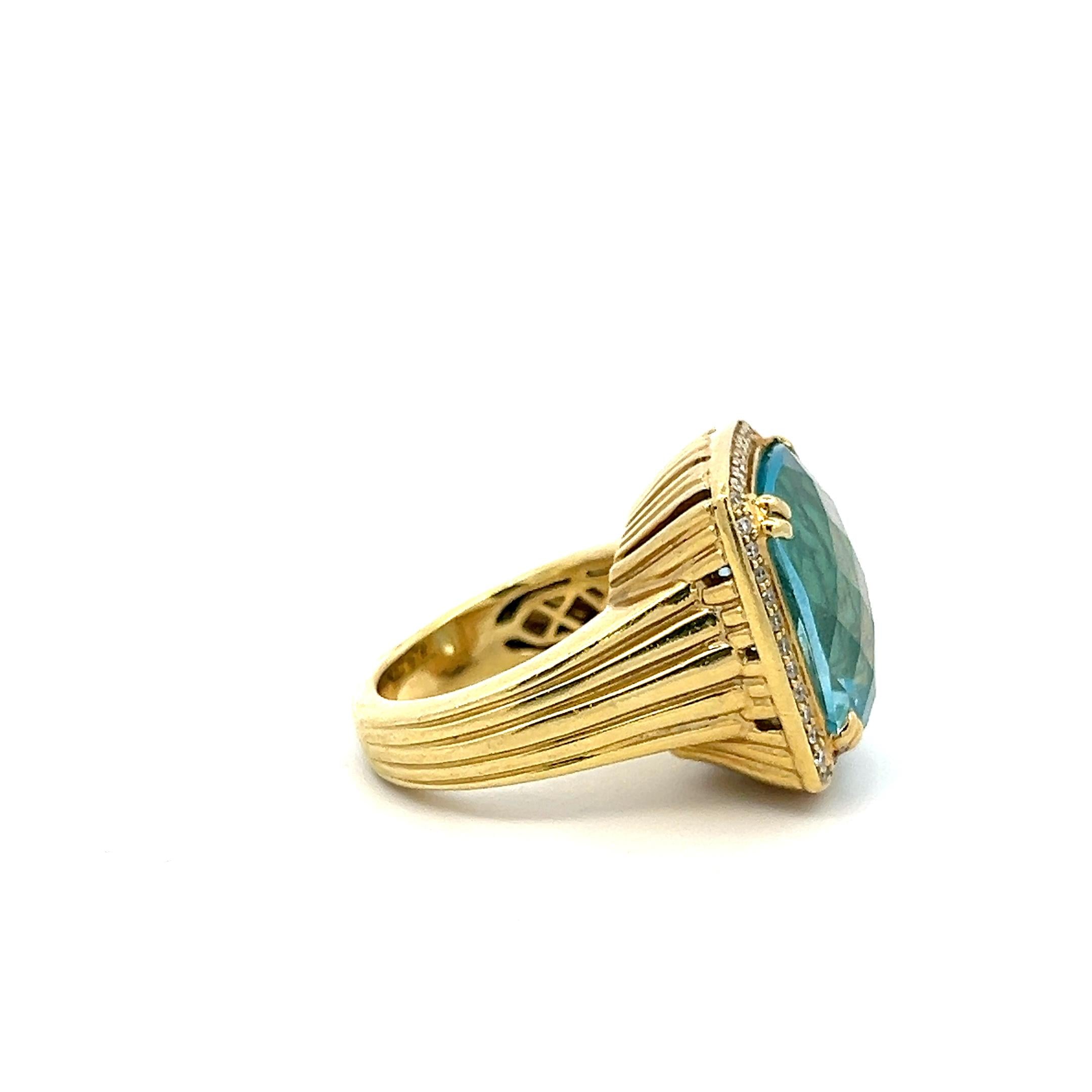 18K YG Cocktail Ring with 0.25ct Round Diamonds & 13.7x16.00mm Aquamarine Size 6