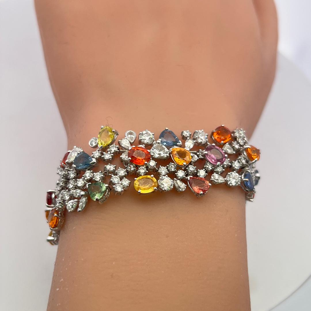18K White Gold Link Bracelet with 8ct Mixed Shape Diamonds and 15ct Sapphires