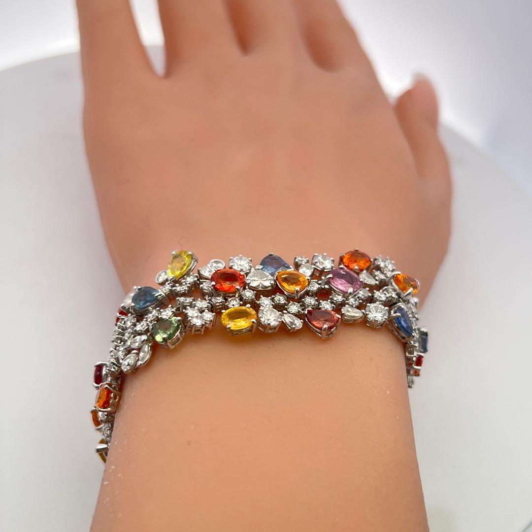 18K White Gold Link Bracelet with 8ct Mixed Shape Diamonds and 15ct Sapphires