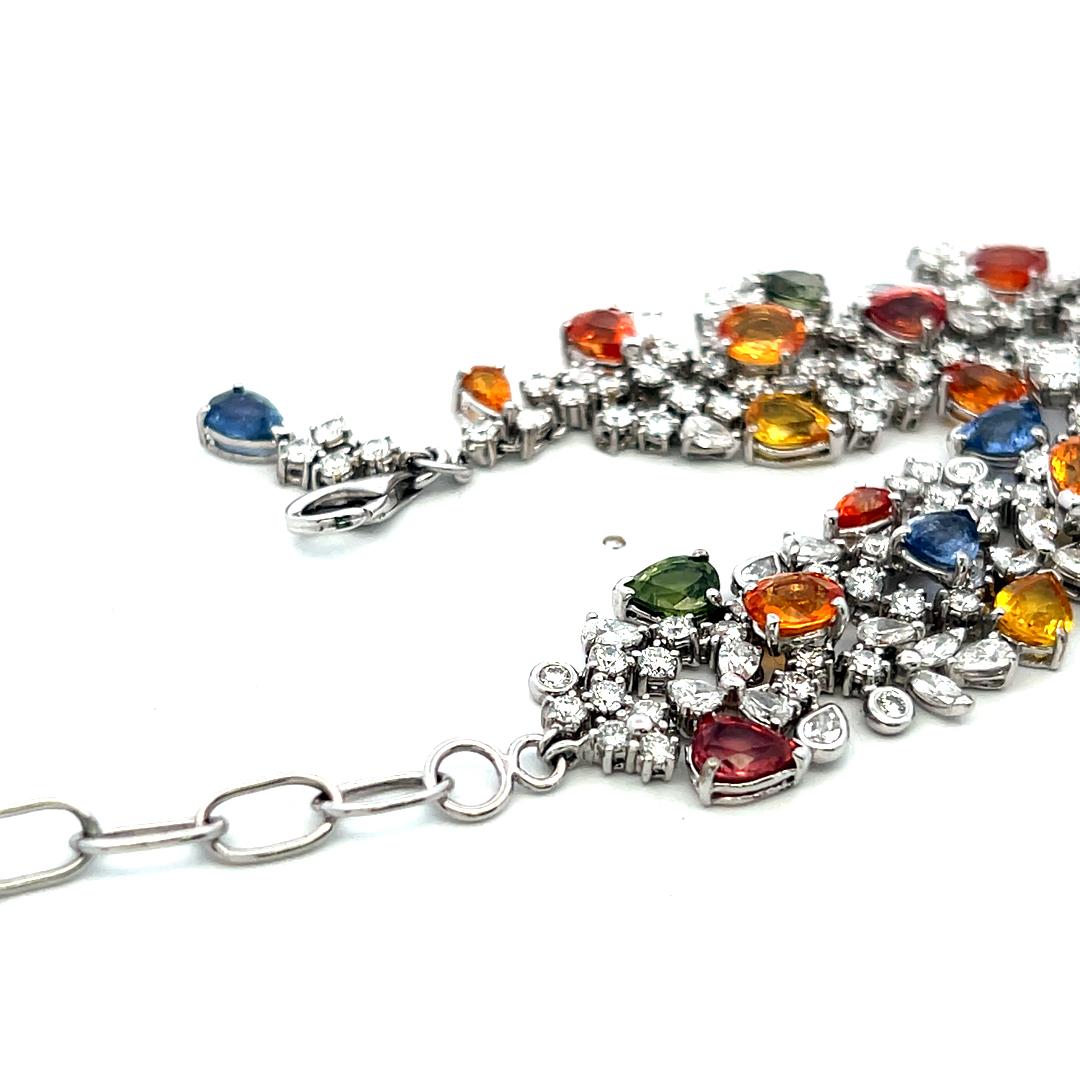 18K White Gold Link Bracelet with 8ct Mixed Shape Diamonds and 15ct Sapphires