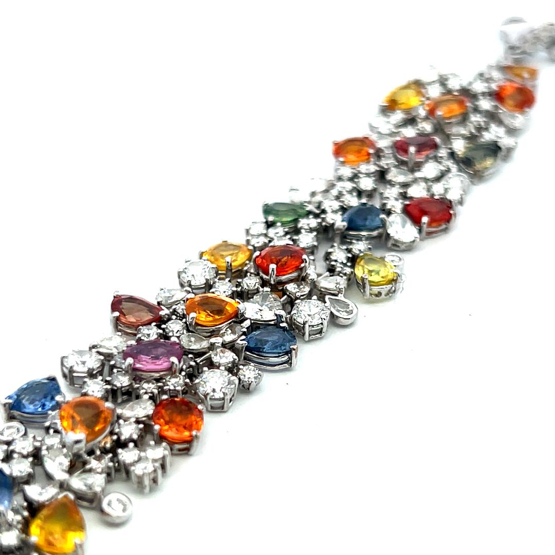 18K White Gold Link Bracelet with 8ct Mixed Shape Diamonds and 15ct Sapphires