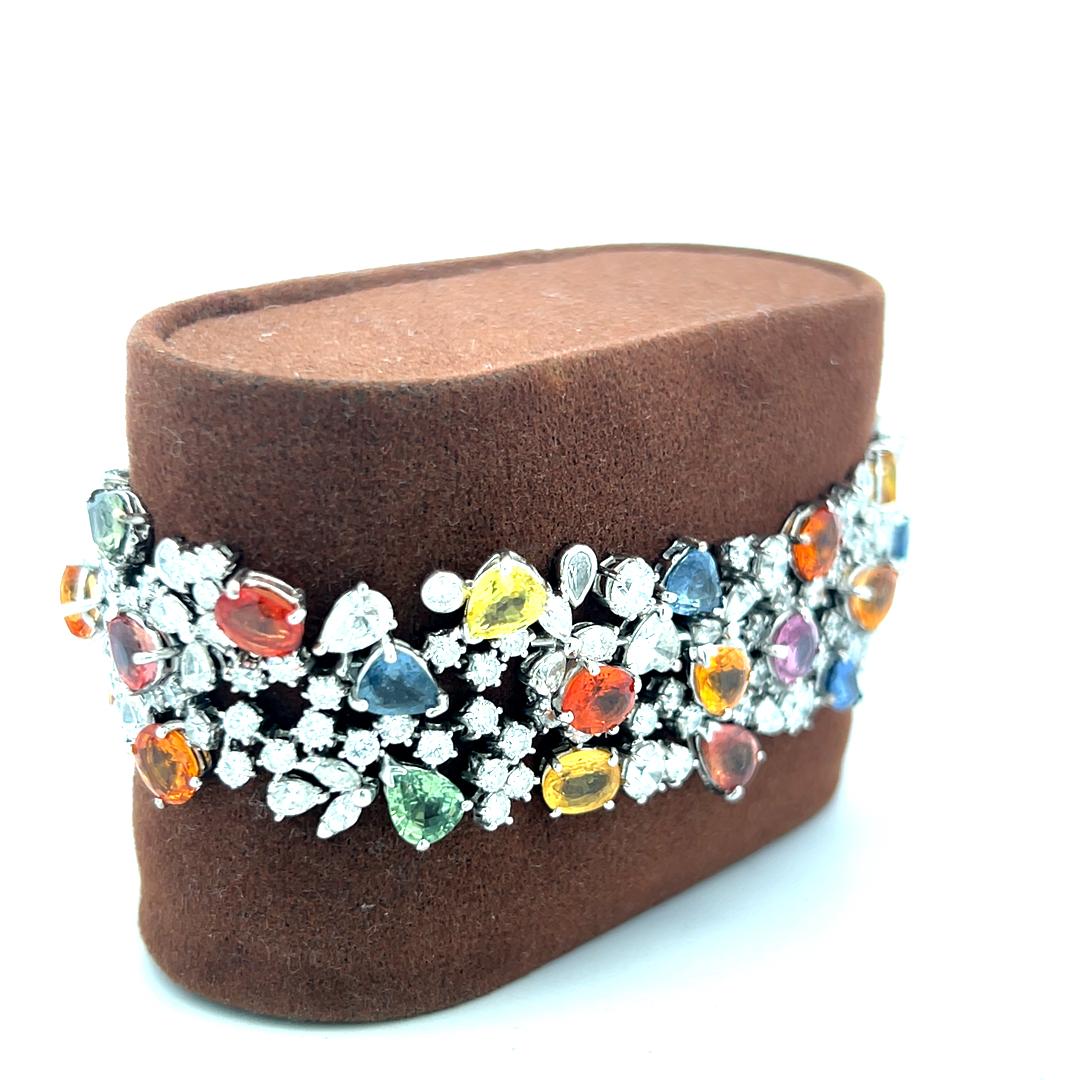 18K White Gold Link Bracelet with 8ct Mixed Shape Diamonds and 15ct Sapphires