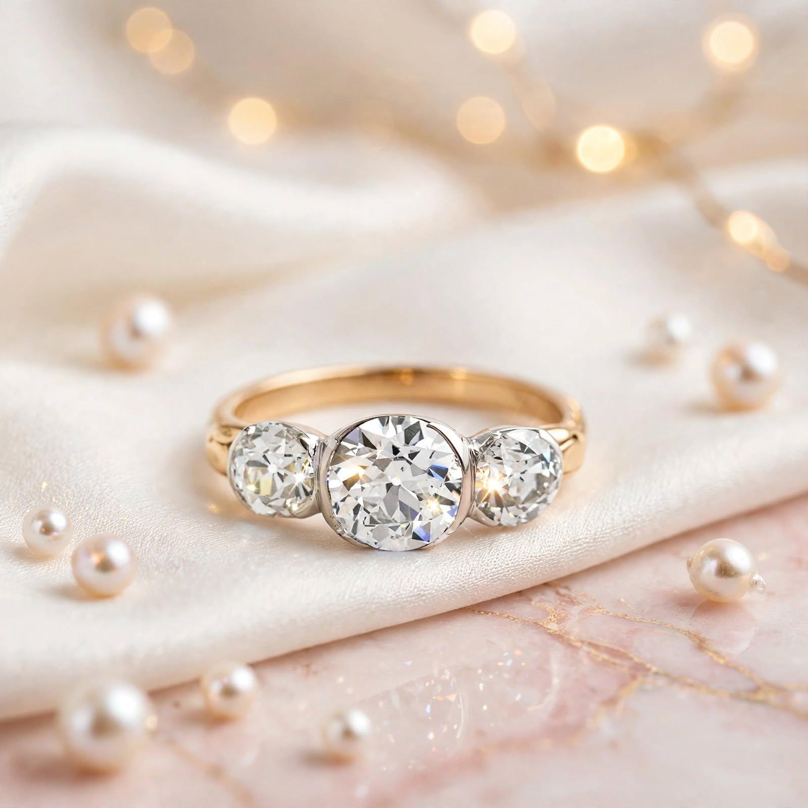 14K Yellow Gold Silver Three-Stone Ring 3.49ct Old European Cut Diamonds GIA