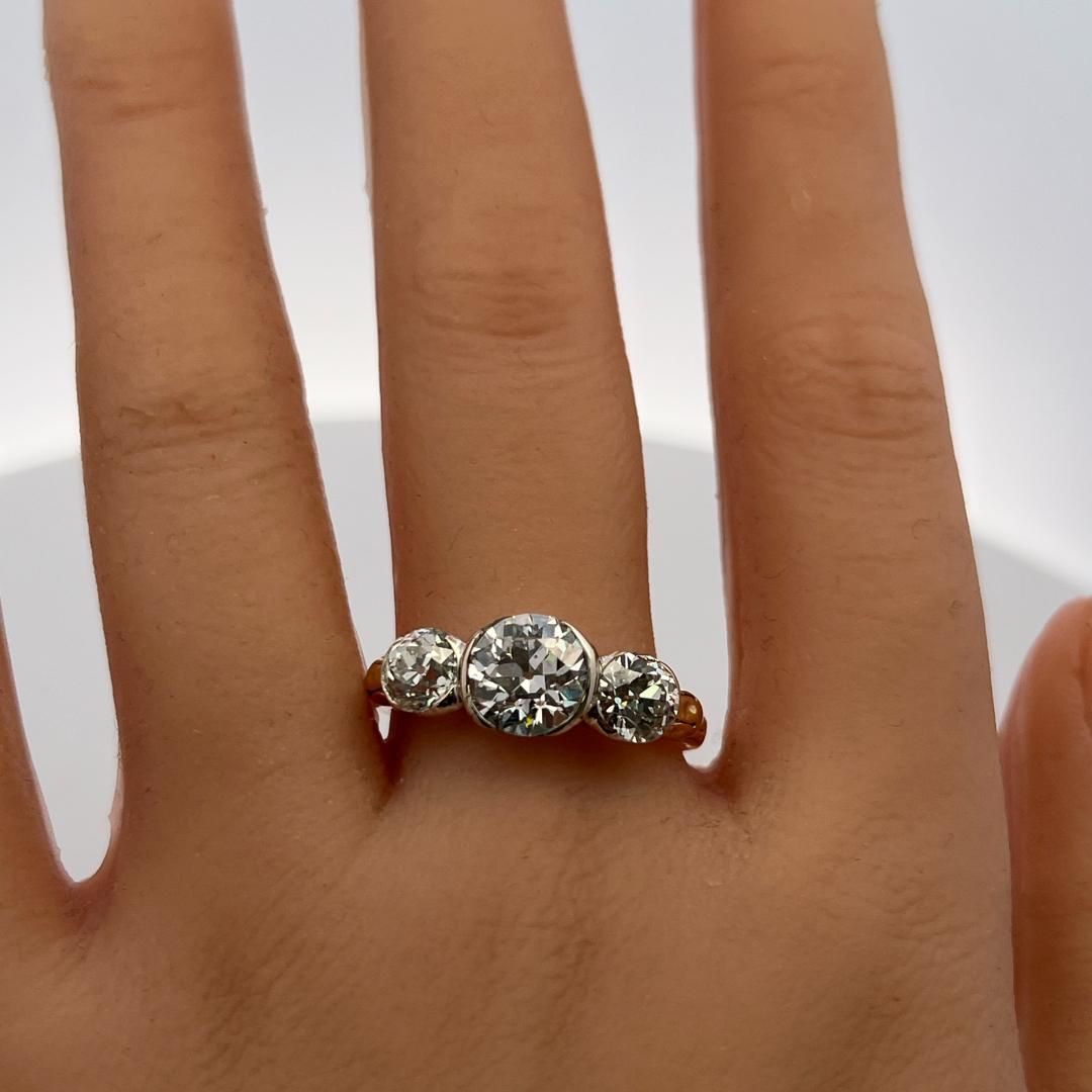 14K Yellow Gold Silver Three-Stone Ring 3.49ct Old European Cut Diamonds GIA