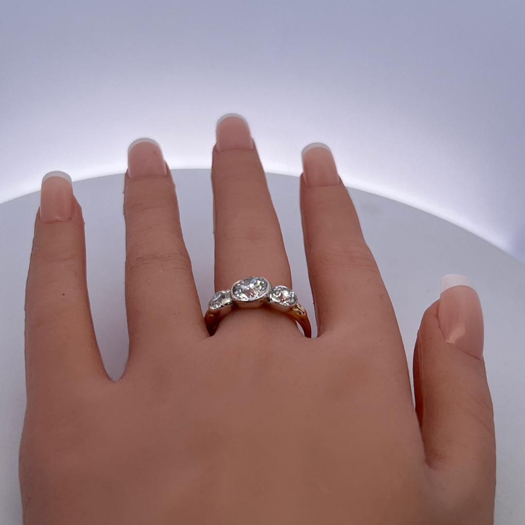 14K Yellow Gold Silver Three-Stone Ring 3.49ct Old European Cut Diamonds GIA