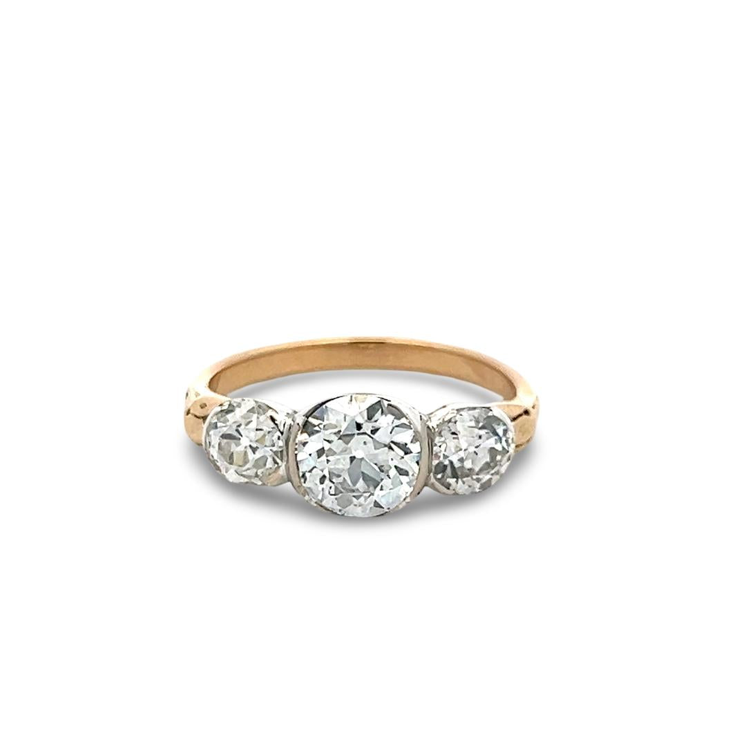 14K Yellow Gold Silver Three-Stone Ring 3.49ct Old European Cut Diamonds GIA