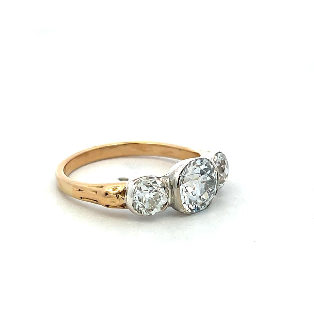 14K Yellow Gold Silver Three-Stone Ring 3.49ct Old European Cut Diamonds GIA