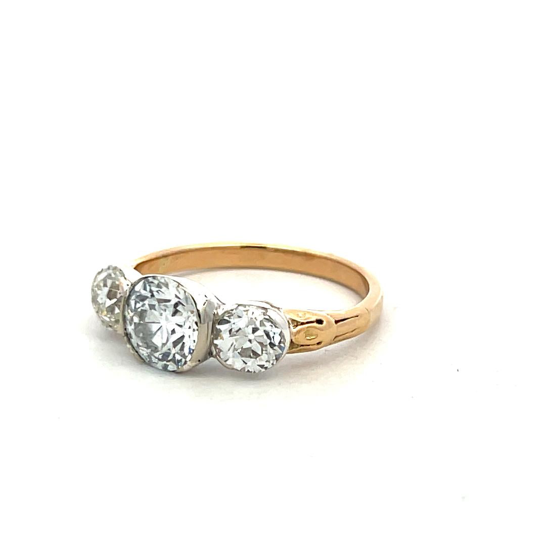14K Yellow Gold Silver Three-Stone Ring 3.49ct Old European Cut Diamonds GIA
