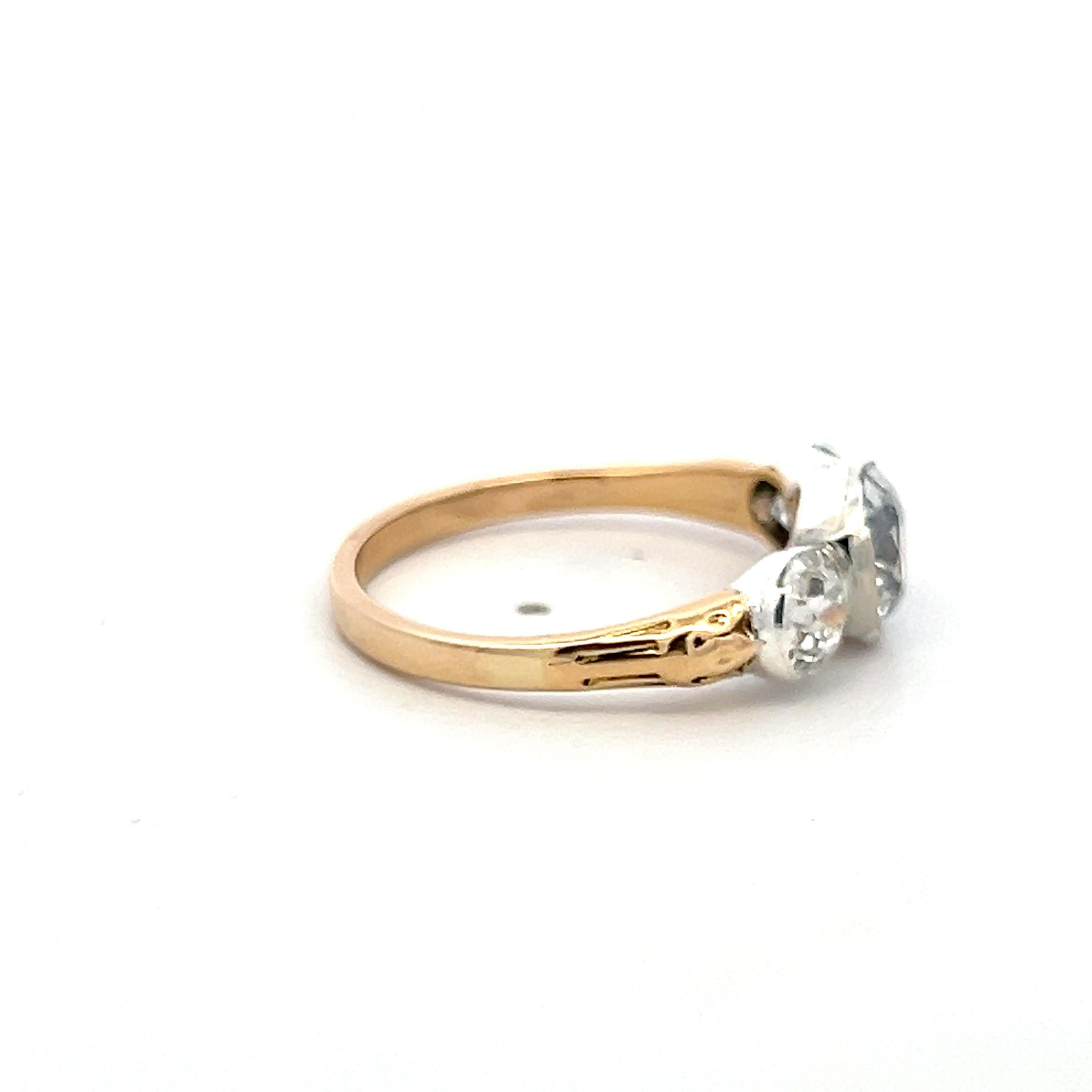 14K Yellow Gold Silver Three-Stone Ring 3.49ct Old European Cut Diamonds GIA