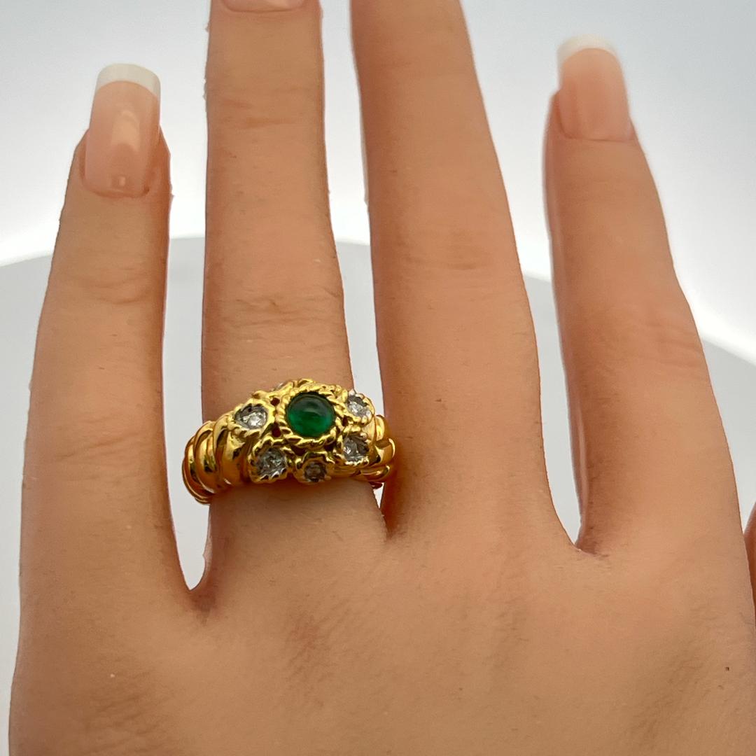 18K YG Cocktail Ring with 0.07 Ct Round I SI Diamonds 0.65 Ct Emerald Size 6.5