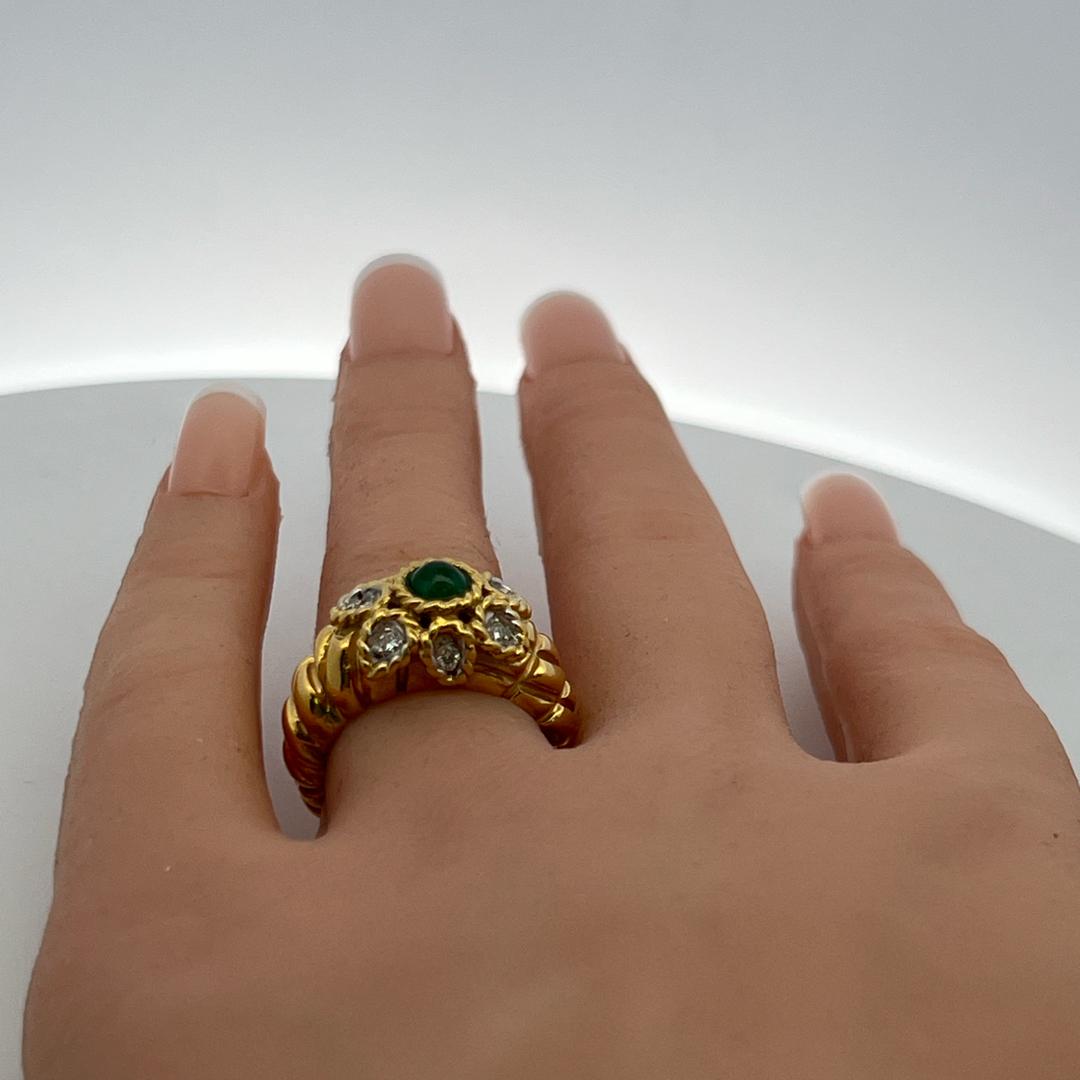 18K YG Cocktail Ring with 0.07 Ct Round I SI Diamonds 0.65 Ct Emerald Size 6.5