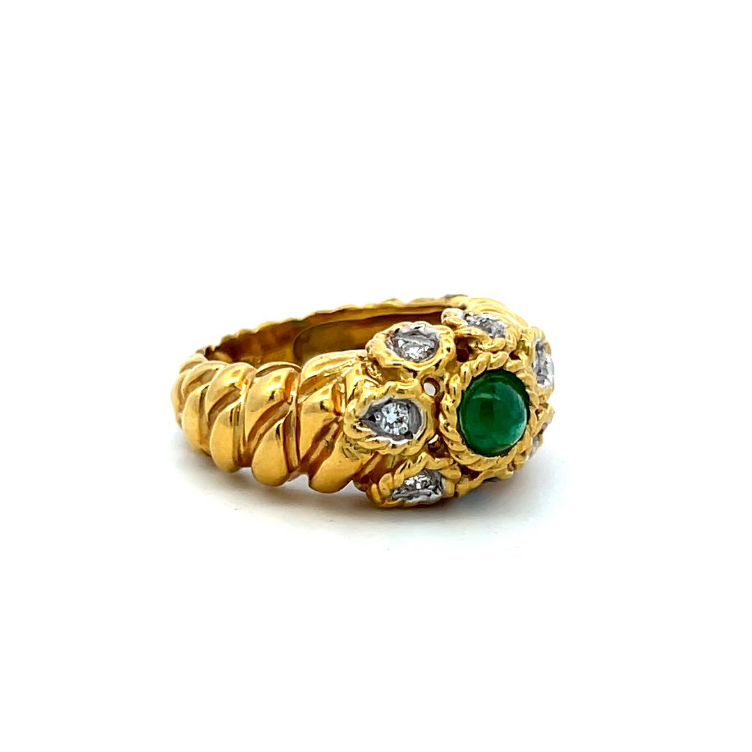 18K YG Cocktail Ring with 0.07 Ct Round I SI Diamonds 0.65 Ct Emerald Size 6.5